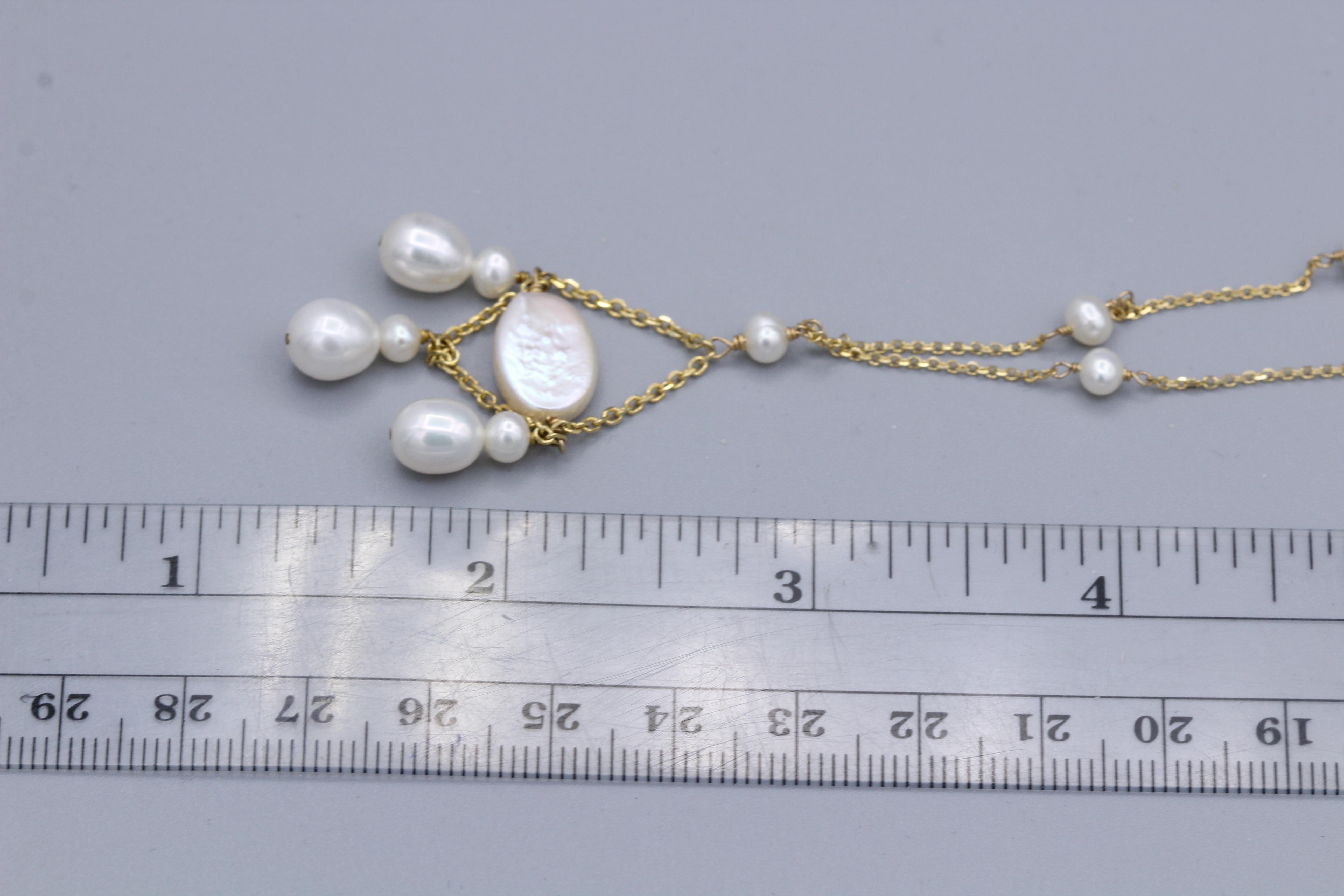 Dangle Pearl Necklace 14 Karat Yellow Gold Bead Pearls Dangling For Sale 1