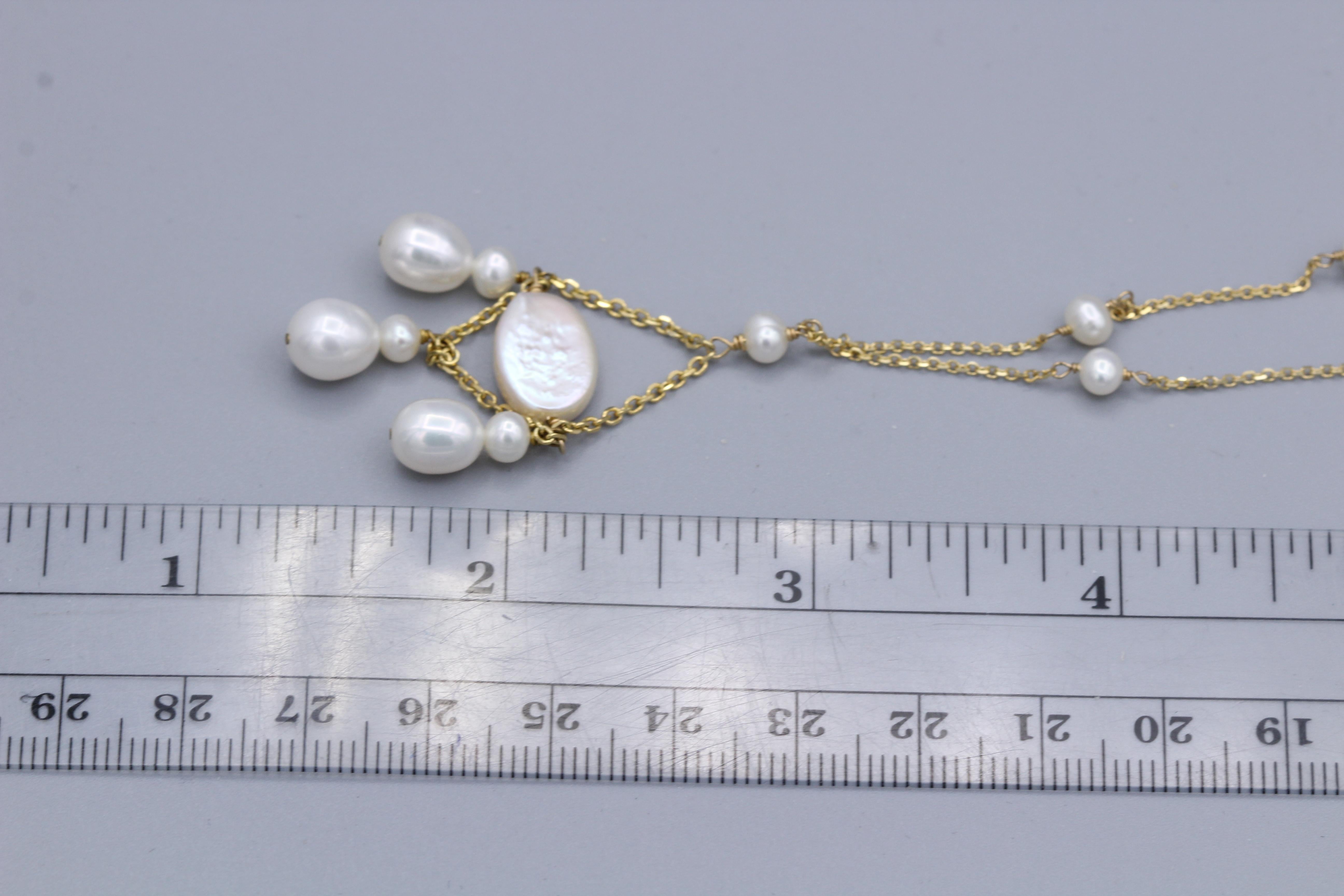 Dangle Pearl Necklace 14 Karat Yellow Gold Bead Pearls Dangling In New Condition For Sale In Brooklyn, NY