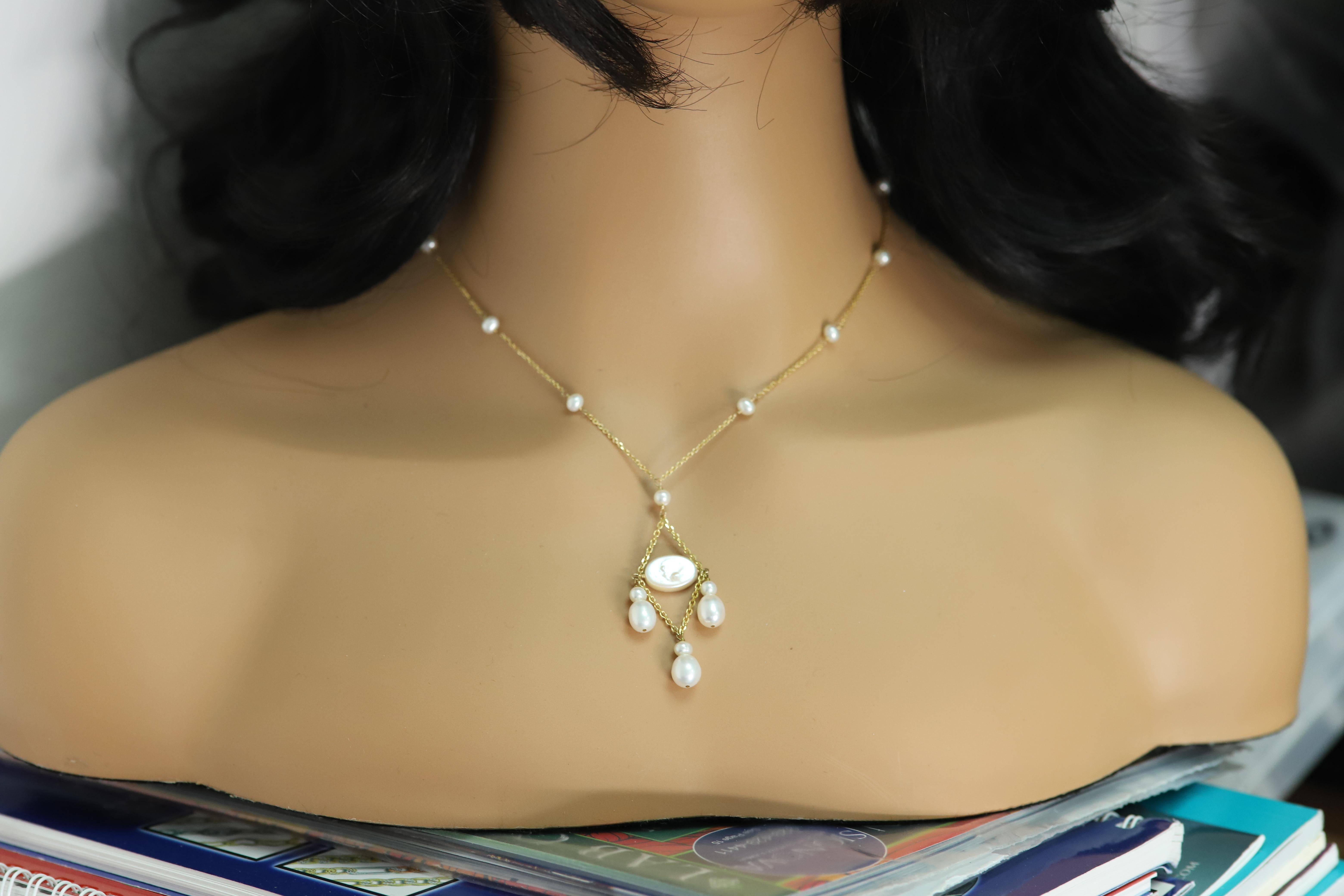 Dangle Pearl Necklace 14 Karat Yellow Gold Bead Pearls Dangling For Sale 1