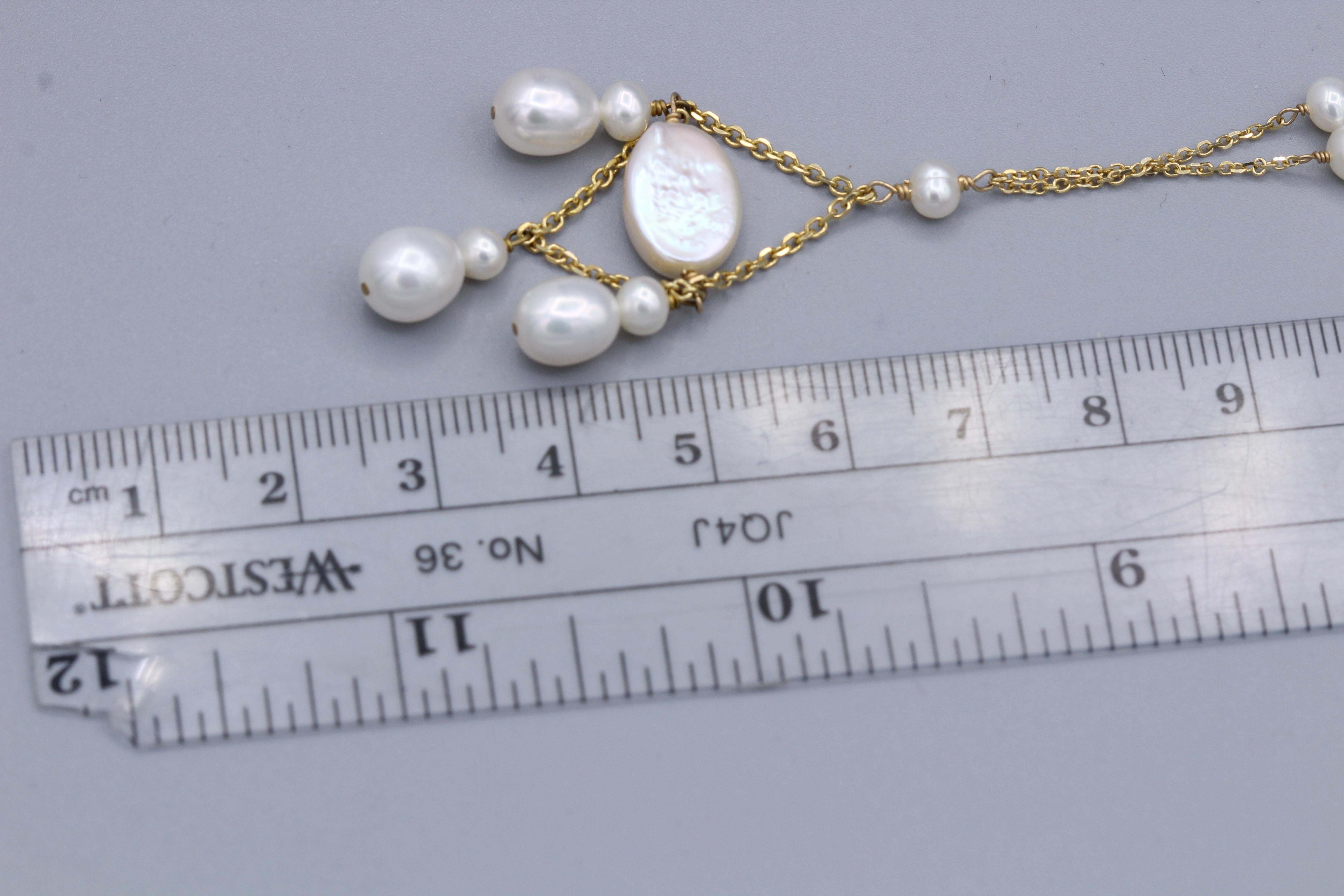 Collier de perles pendantes en or jaune 14 carats et perles pendantes en vente 3