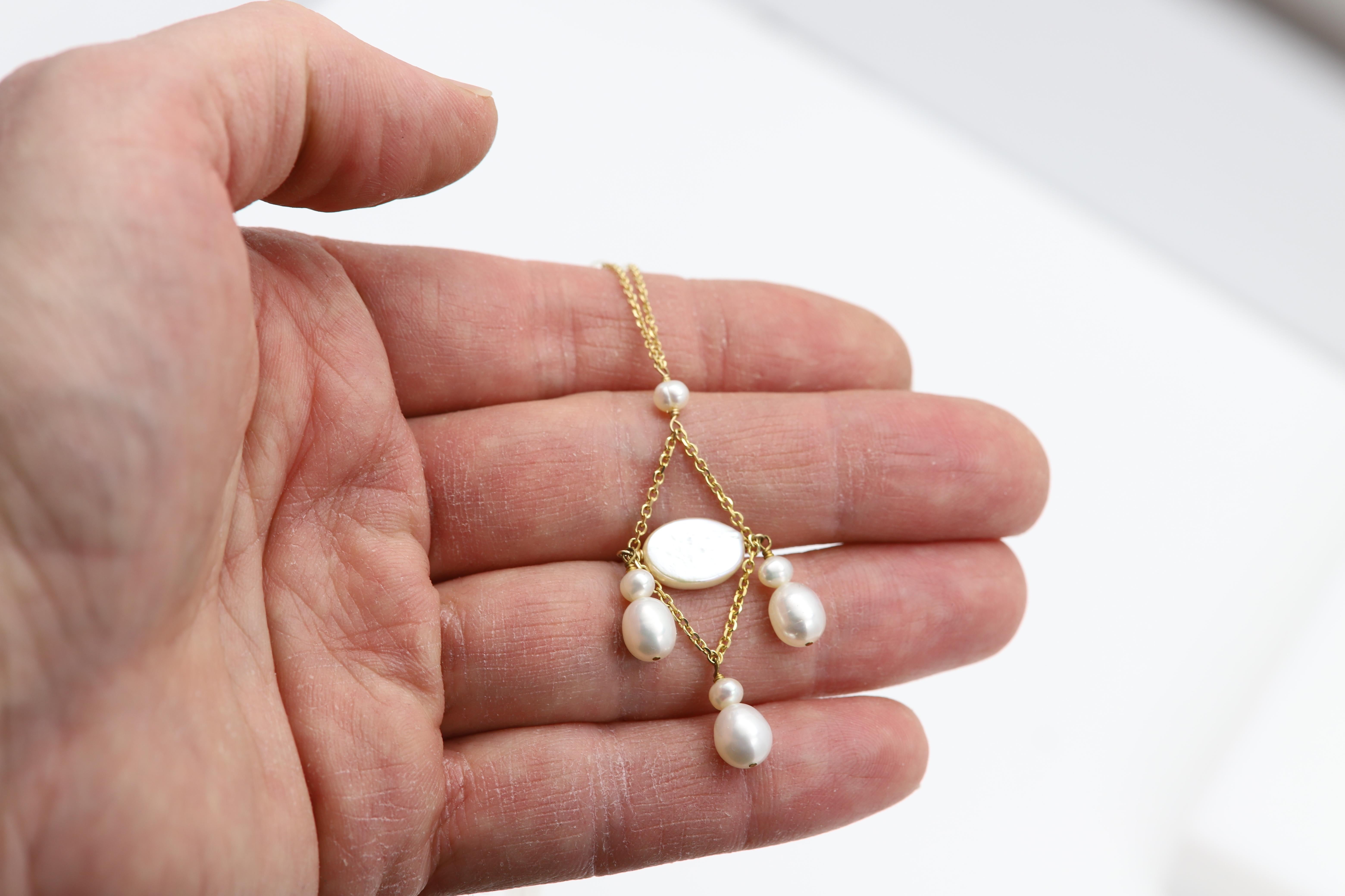 Dangle Pearl Necklace 14 Karat Yellow Gold Bead Pearls Dangling For Sale 2