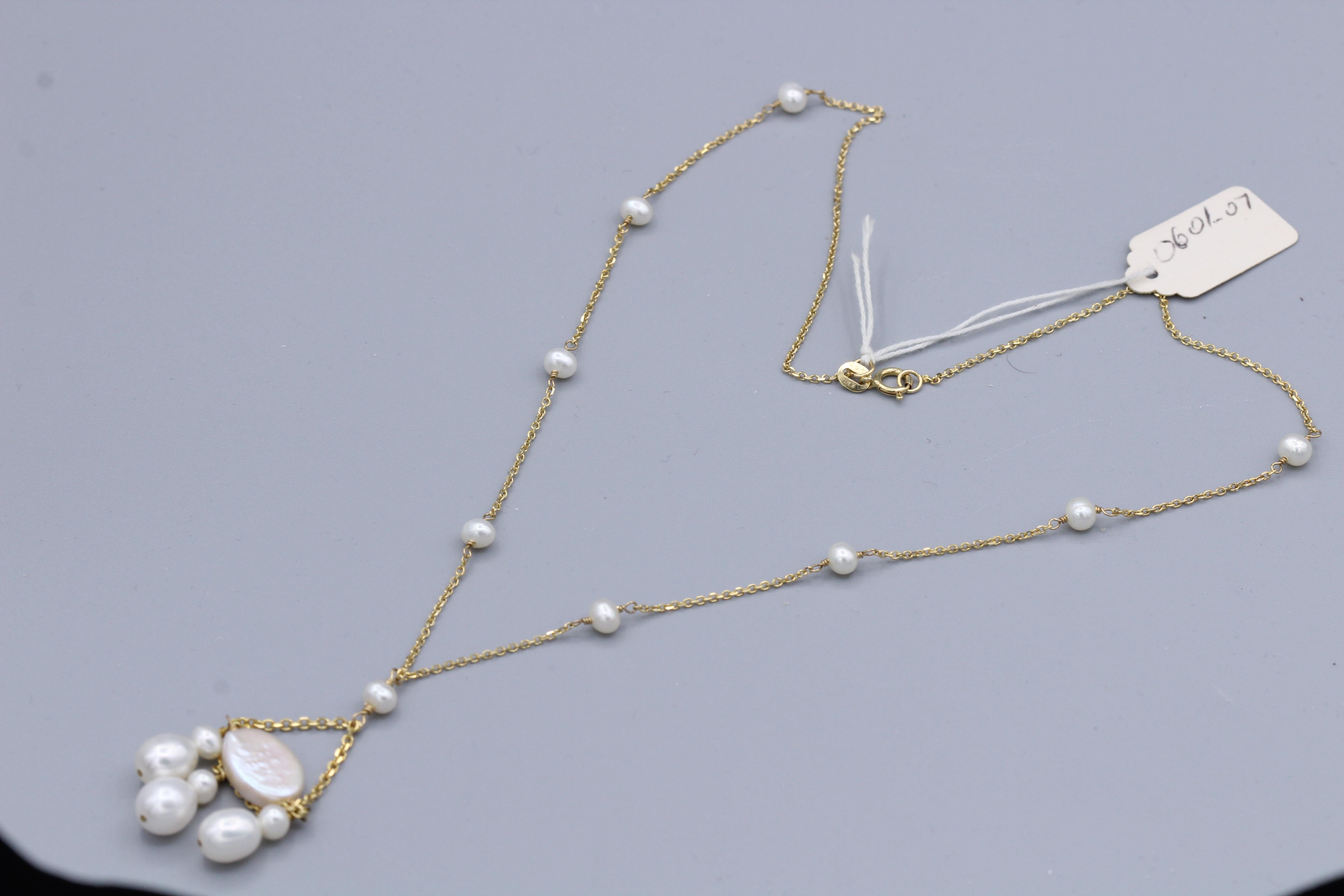Collier de perles pendantes en or jaune 14 carats et perles pendantes en vente 4