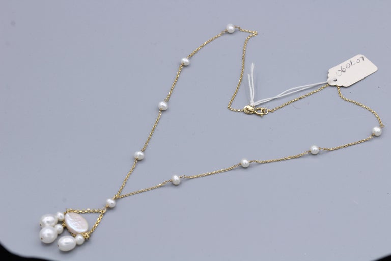 Dangle Pearl Necklace 14 Karat Yellow Gold Bead Pearls Dangling For Sale at 1stDibs