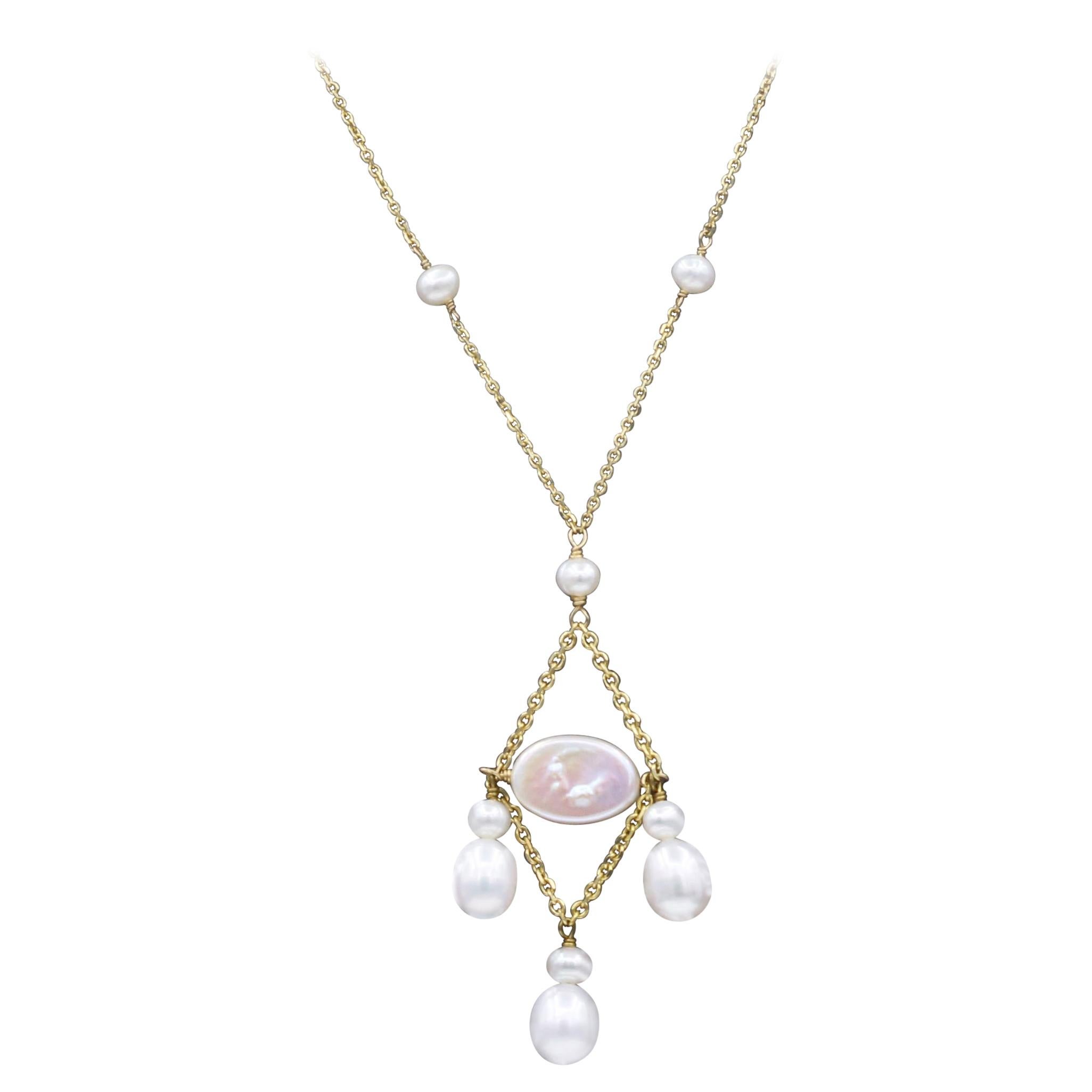 Dangle Pearl Necklace 14 Karat Yellow Gold Bead Pearls Dangling