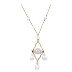 Dangle Pearl Necklace 14 Karat Yellow Gold Bead Pearls Dangling