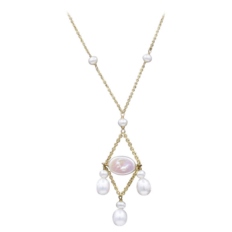 Dangle Pearl Necklace 14 Karat Yellow Gold Bead Pearls Dangling For ...