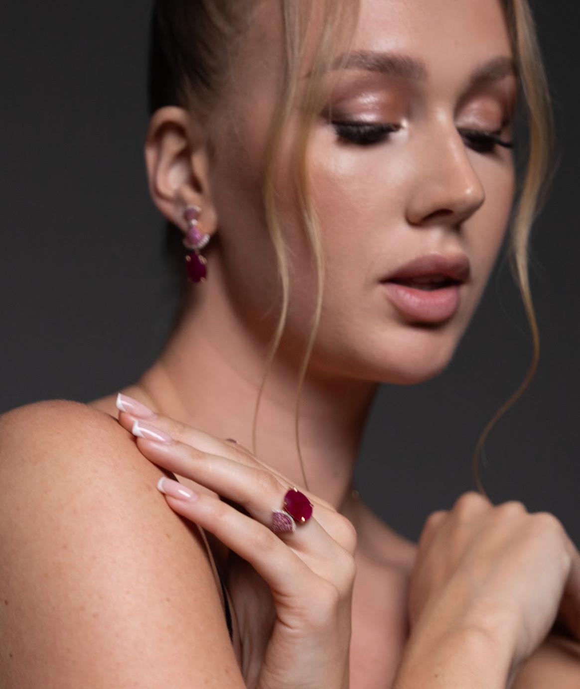 Women's Dangle Pink Sapphire Ruby Diamond 18K Rose Gold Exclusive Earrings For Her For Sale