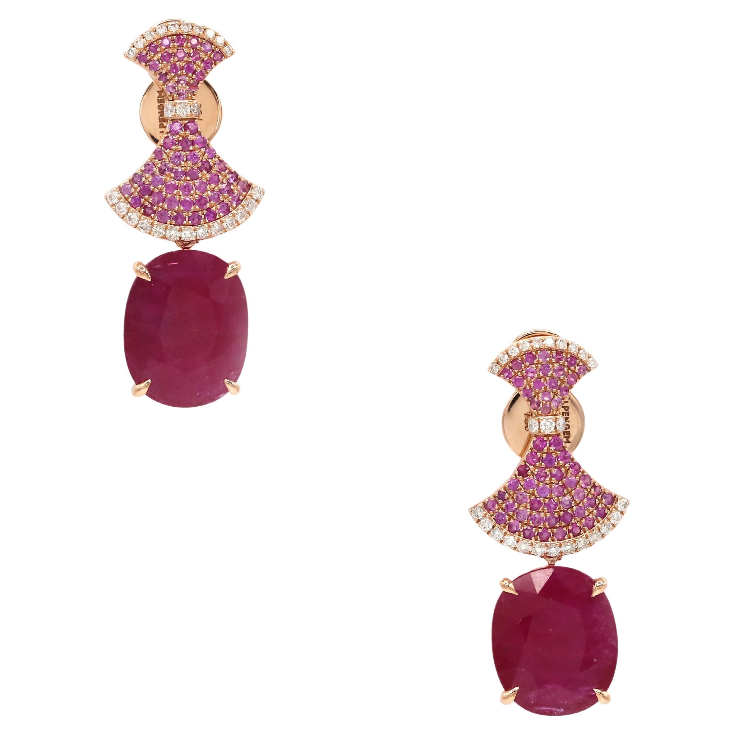 Dangle Pink Sapphire Ruby Diamond 18K Rose Gold Exclusive Earrings For Her For Sale