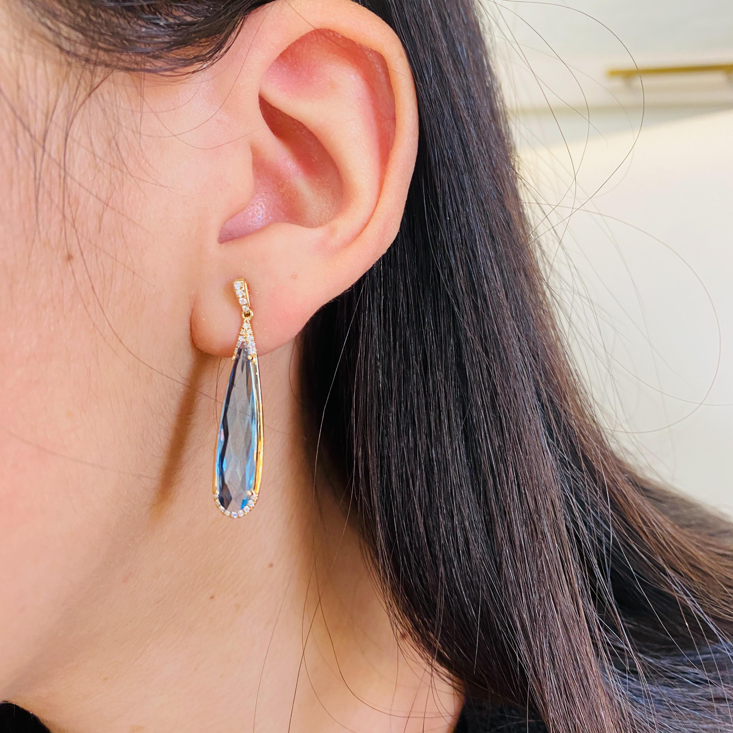 The perfect earrings for your something blue! Whether you need wedding earrings or just a striking pair of earrings to wear whenever you want your inner sparkle to shine outside too, these earrings are perfect! The facets on the briolette blue topaz