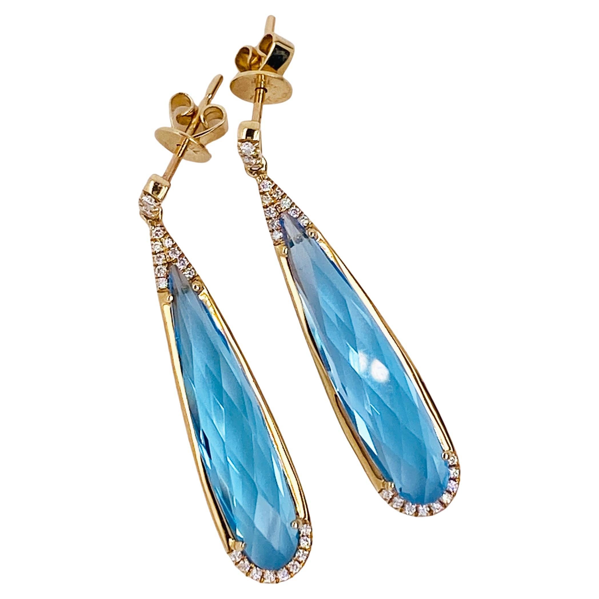 Blue Topaz and Diamond Wedding Earrings 14K Yellow Gold Regal Dangle Earrings For Sale