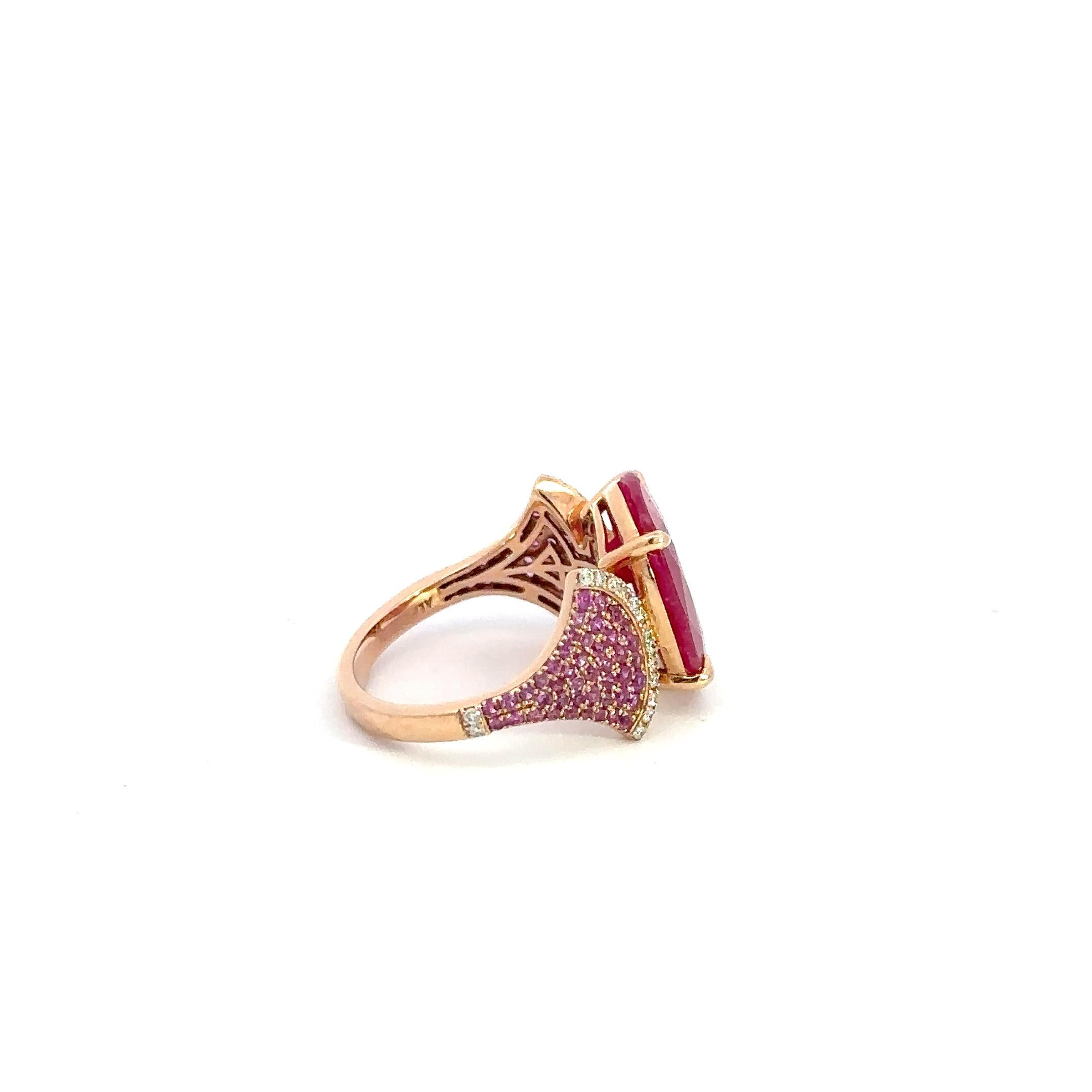 Exklusiver Ring für sie, Rubin, Diamant, rosa Saphir, 18 Karat Roségold im Angebot 6