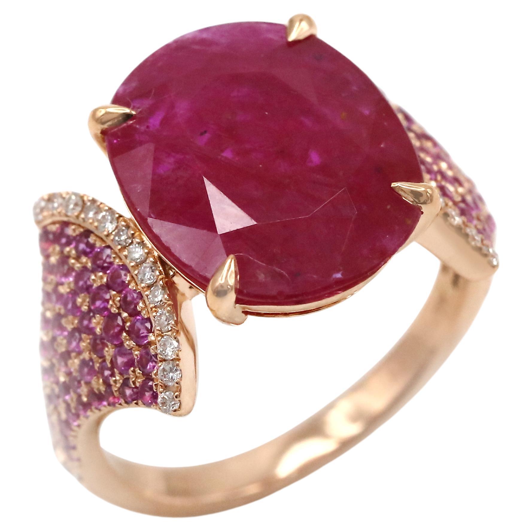 Exklusiver Ring für sie, Rubin, Diamant, rosa Saphir, 18 Karat Roségold im Angebot