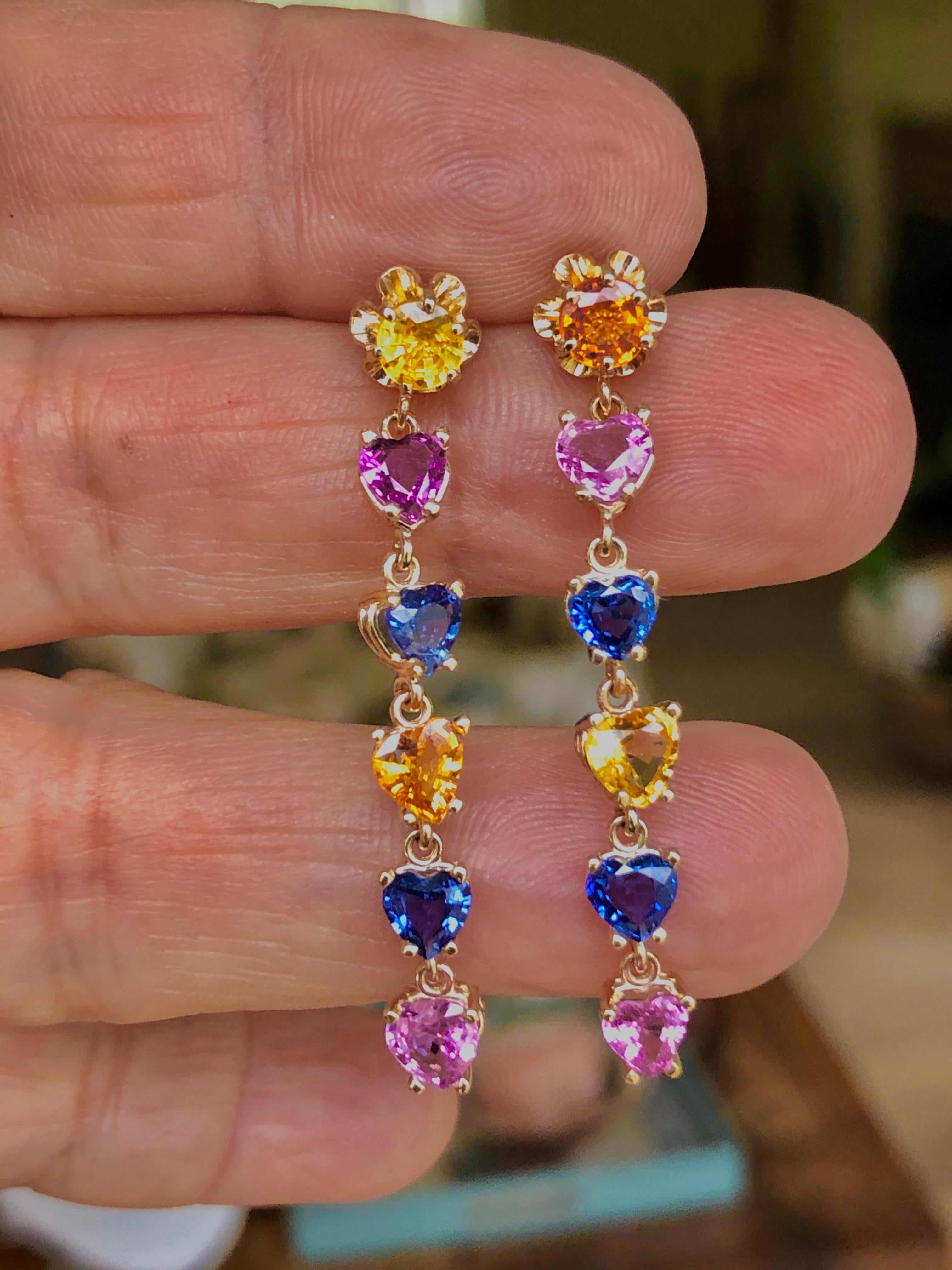  MultiColor Sapphires heart cut six for earring, stunning (very much IN Style) natural high-quality sapphires very sparkling rainbow of color. The drop sapphire earrings are elegant yet playful and modern! The beautiful pair showcases 6.0 carats of