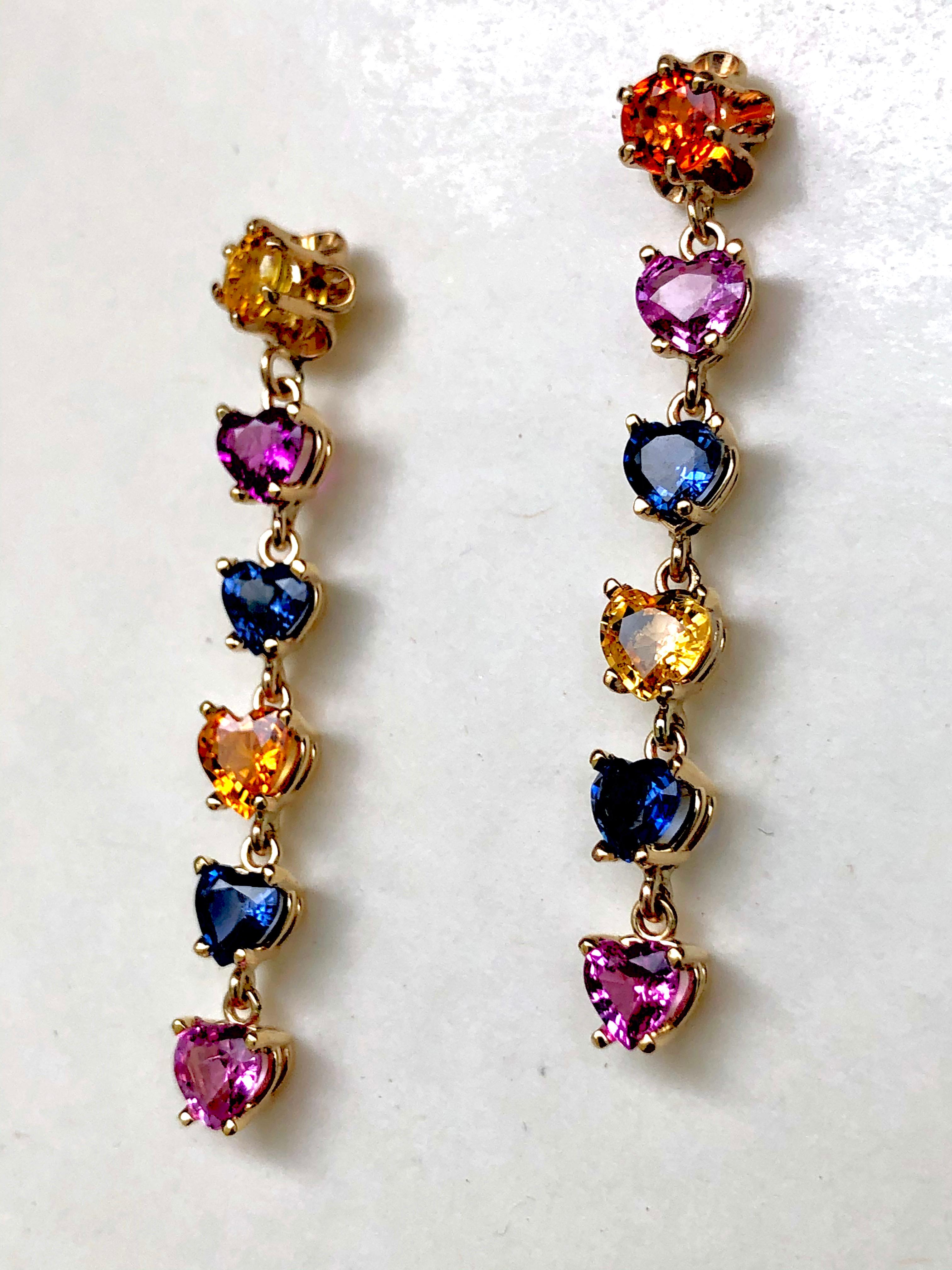 Women's Natural Sapphire Multi-Color Heart Cut Drop Dangle Earrings Gold For Sale