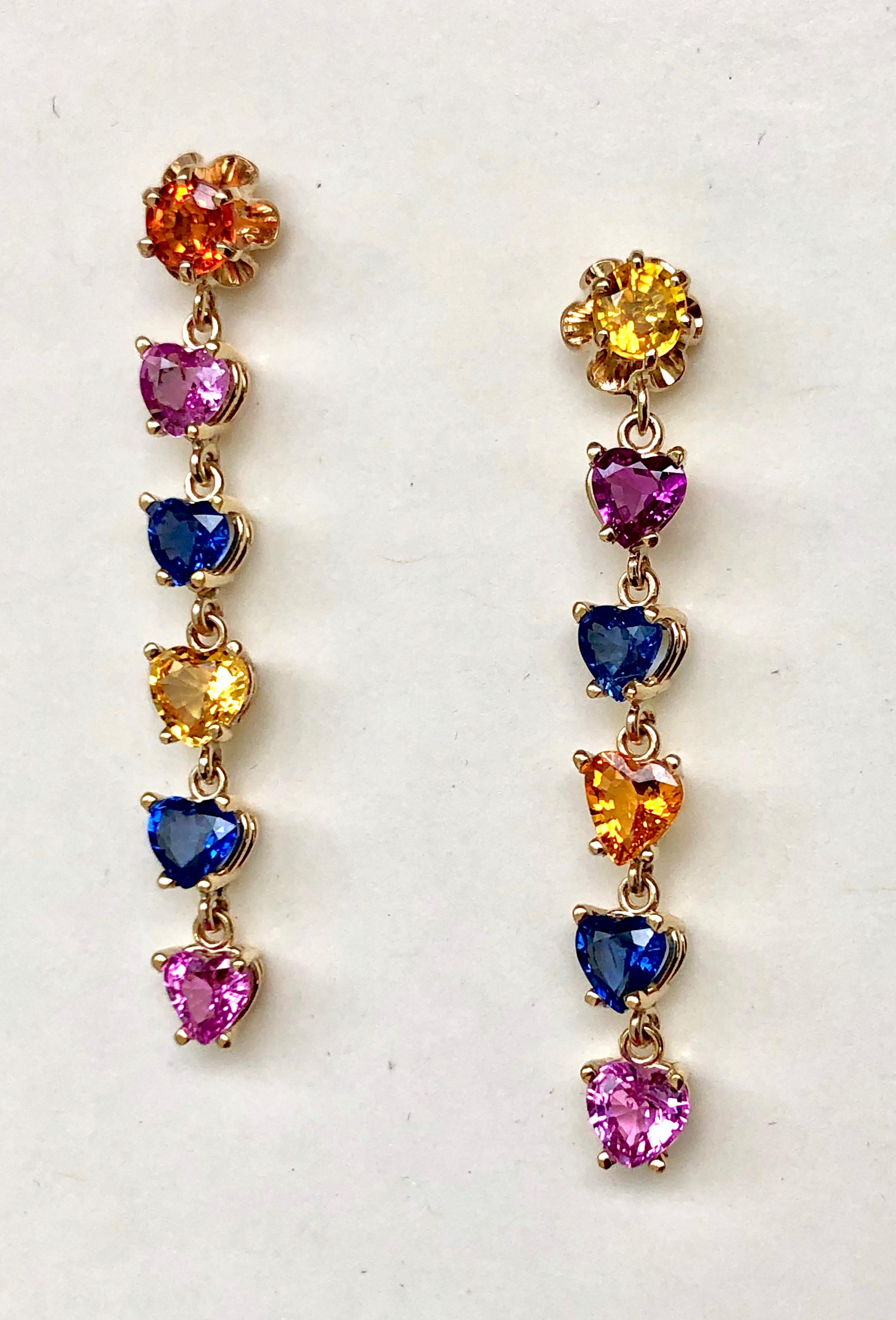 Modern Natural Sapphire Multi-Color Heart Cut Drop Dangle Earrings Gold For Sale
