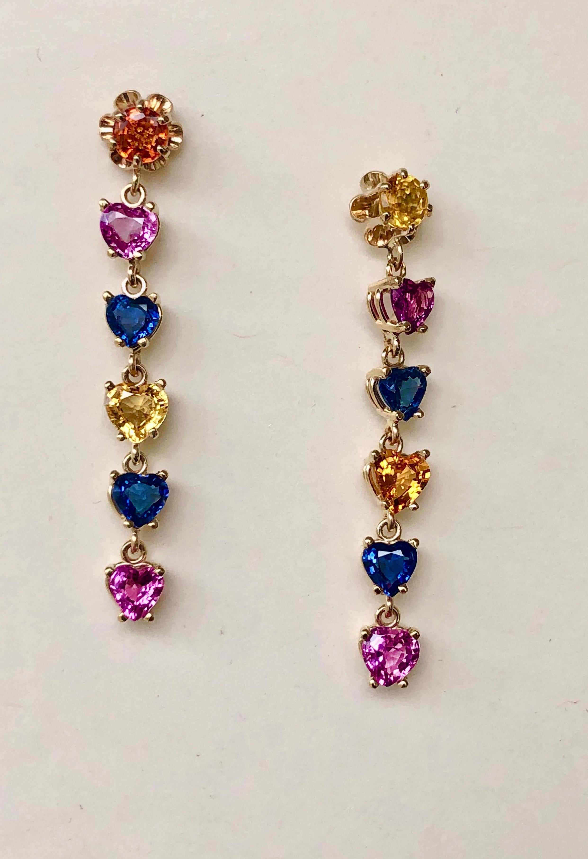 Natural Sapphire Multi-Color Heart Cut Drop Dangle Earrings Gold For Sale 2