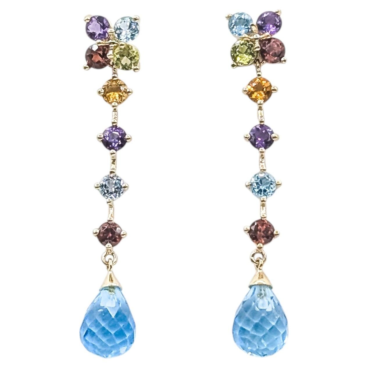 Dangle Topaz, Garnet, Peridot & Citrine Earrings in 10k Yellow Gold