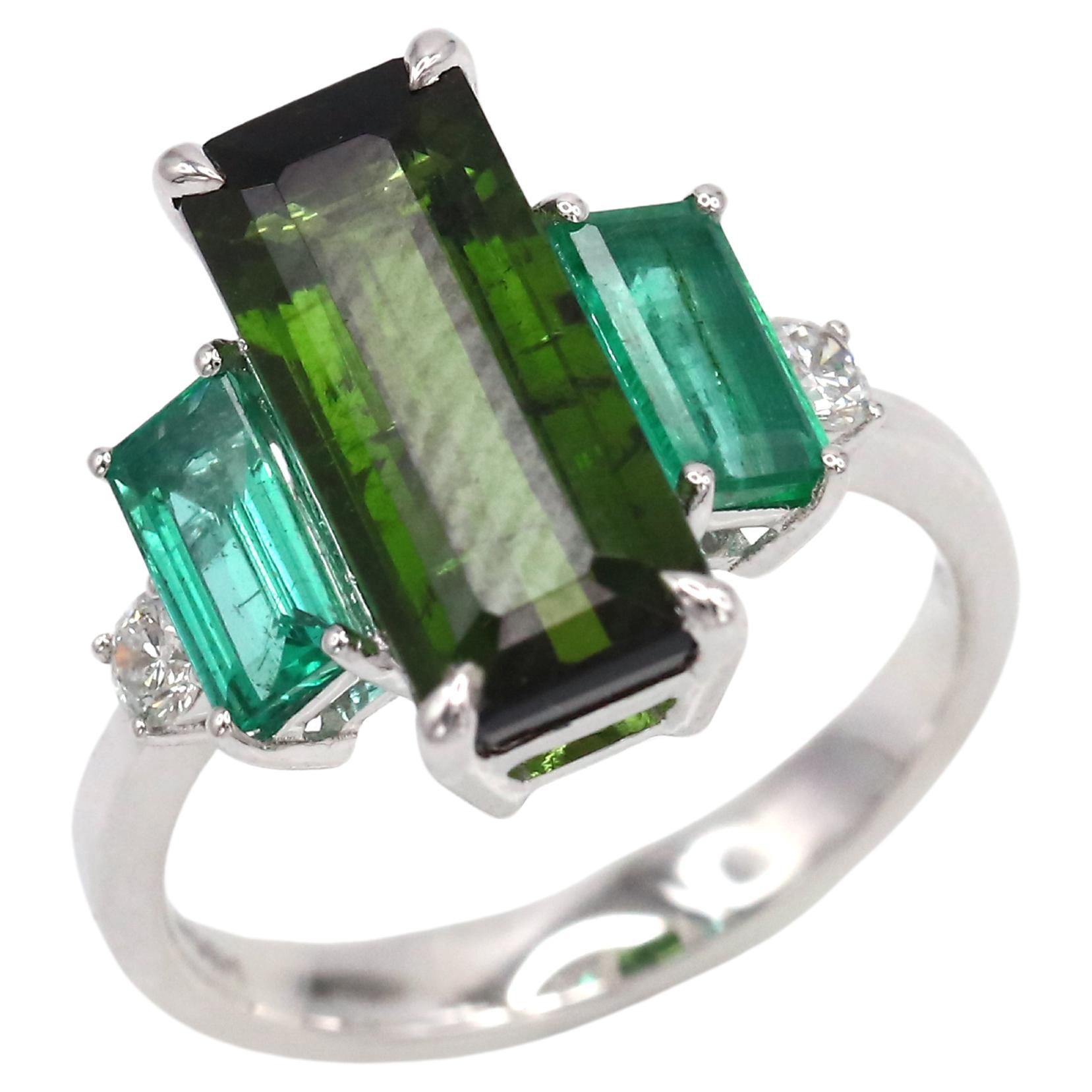 Earrings (Matching Ring Available)

18K White Gold 

Emerald 

Diamond 

Green Tourmaline 

Exquisite 18k white gold dangle earrings feature a captivating ensemble, including six custom-cut round diamonds totaling 0.49 carats. Additionally, six