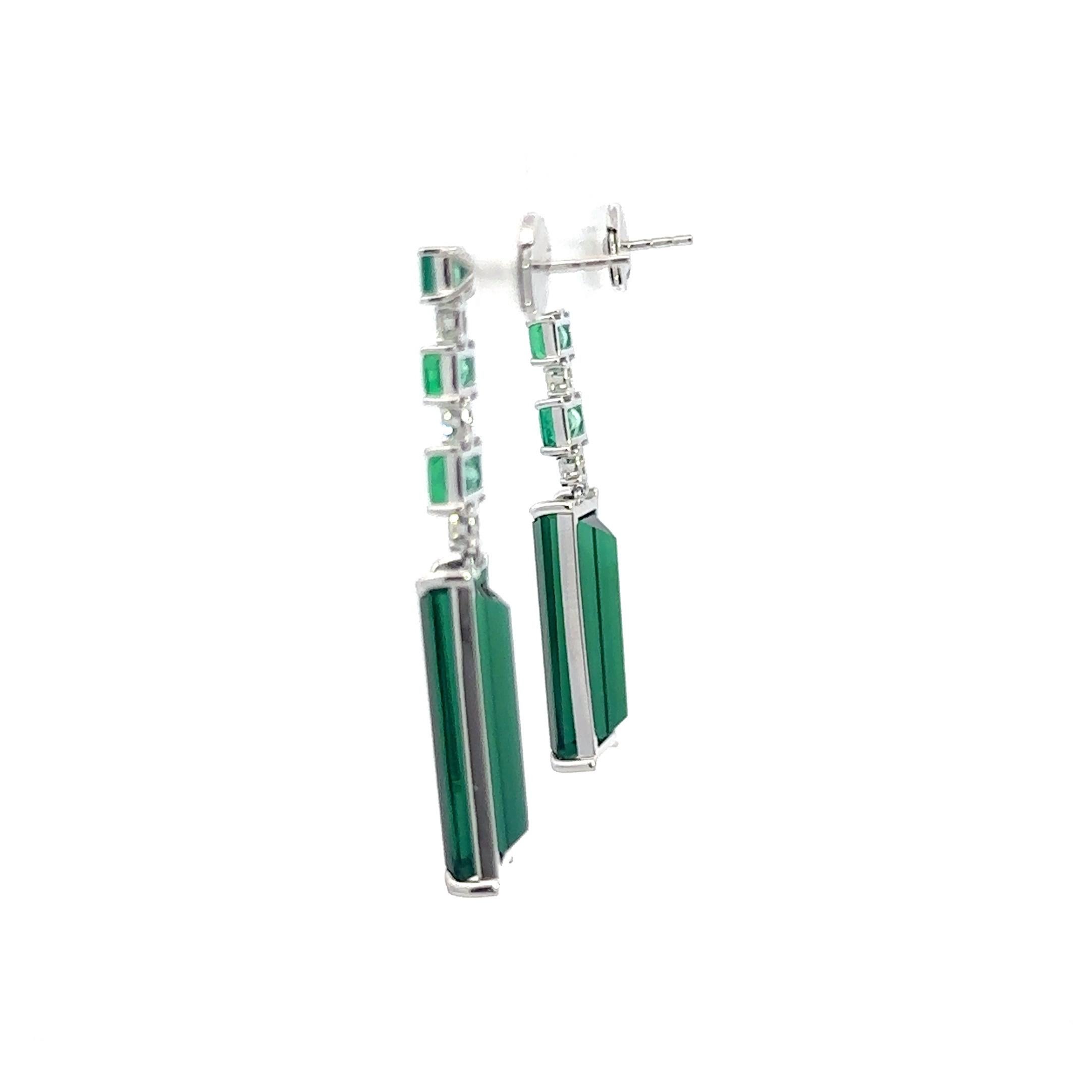 Dangle Tourmaline Emerald Diamond 18K White Gold Exclusive Earrings For Her For Sale 4