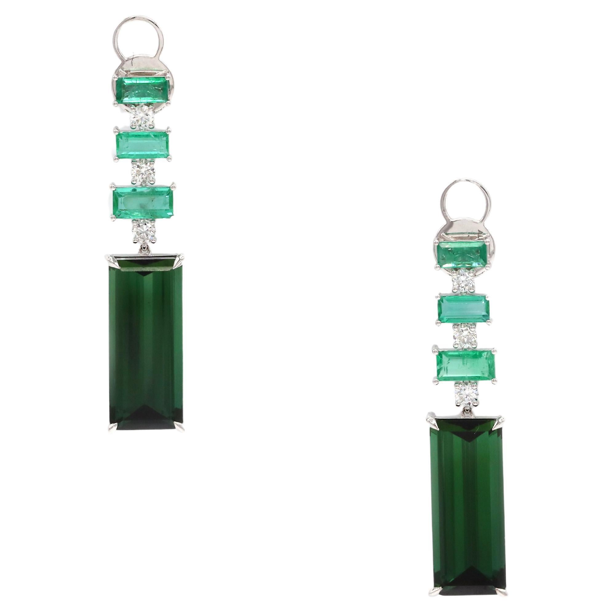 Dangle Tourmaline Emerald Diamond 18K White Gold Exclusive Earrings For Her For Sale