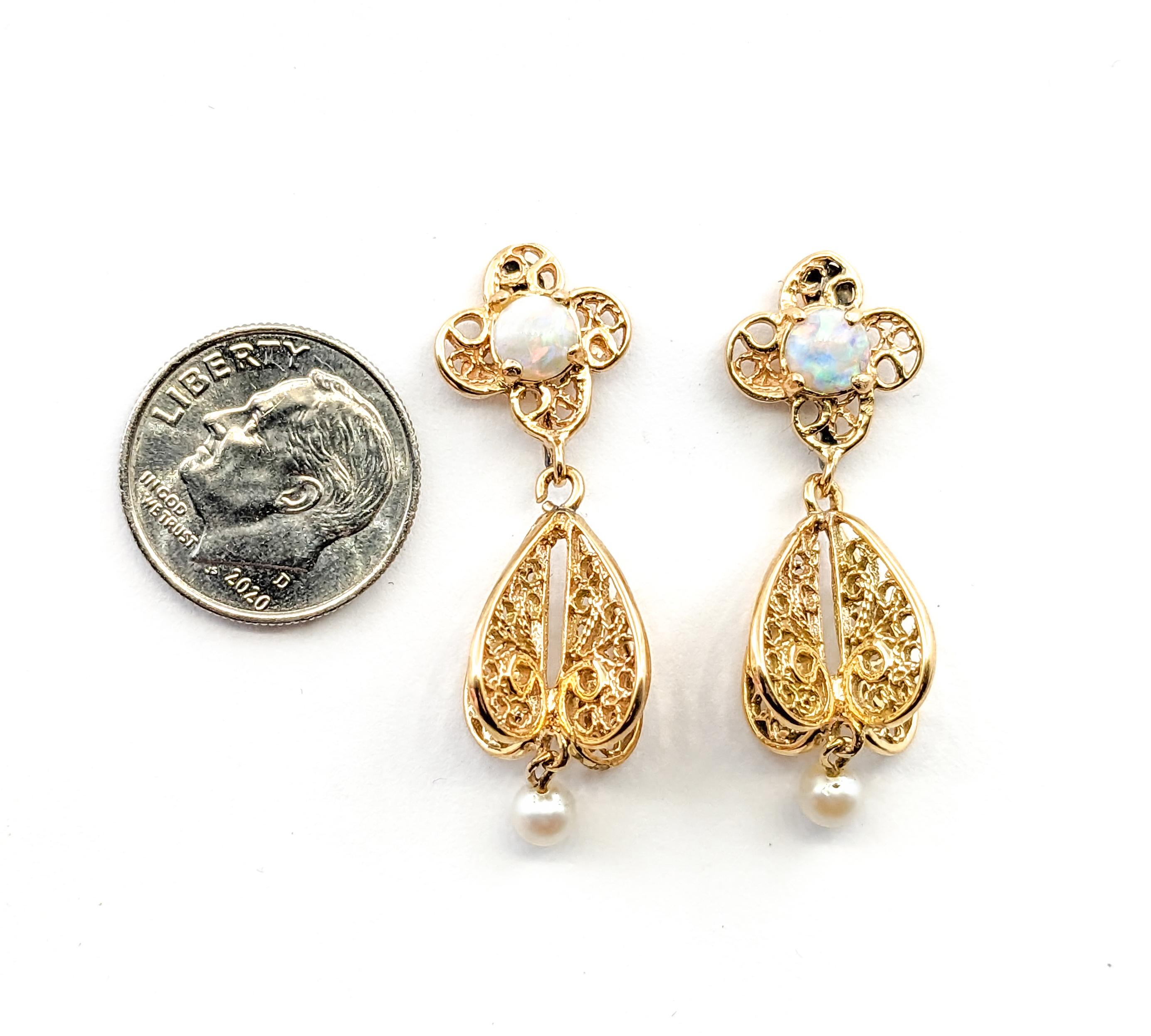 Round Cut Dangle Vintage 4mm Akoya Pearls & 5mm Australian Opals Earrings In Yellow Gold For Sale