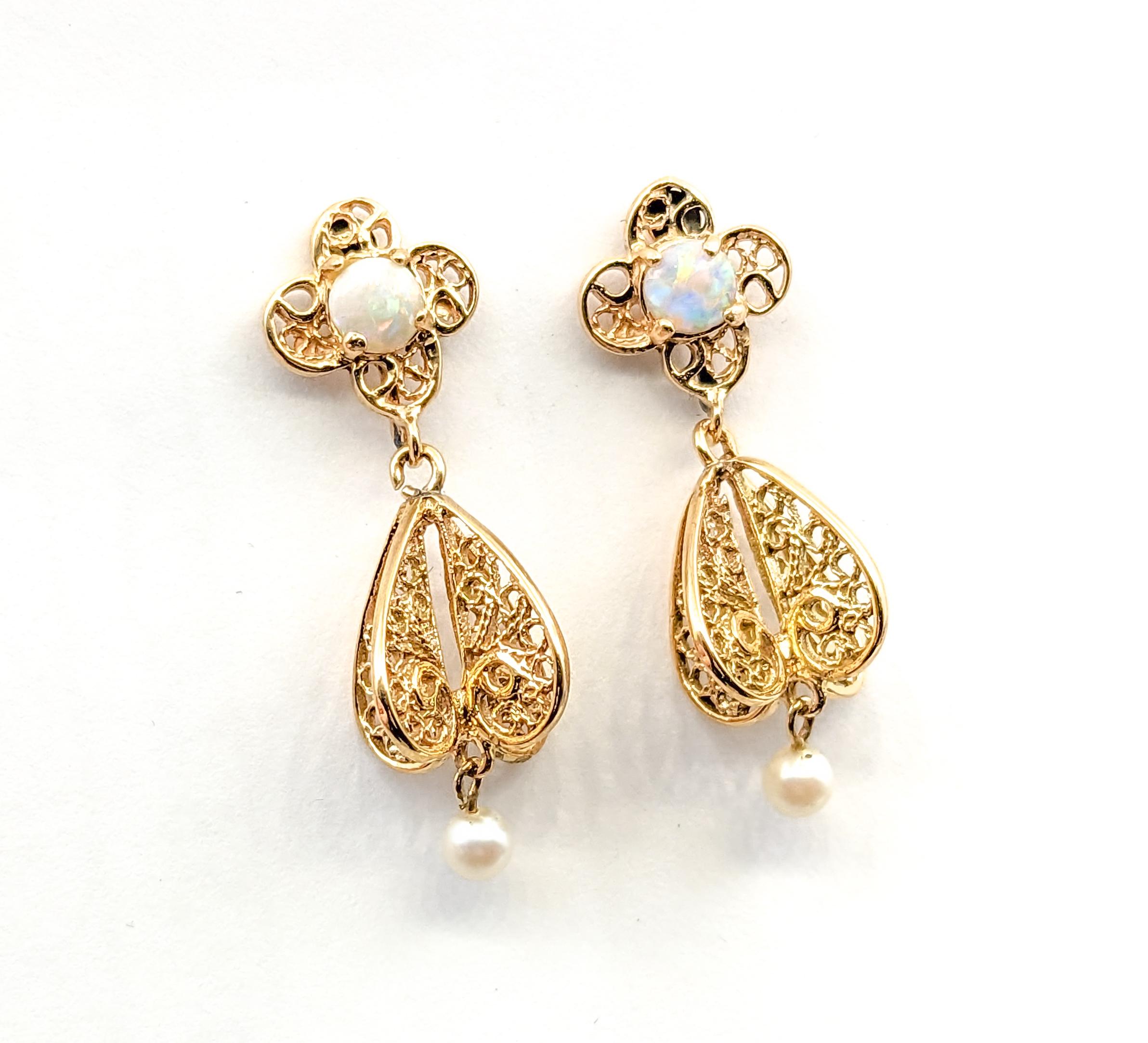 Women's Dangle Vintage 4mm Akoya Pearls & 5mm Australian Opals Earrings In Yellow Gold For Sale