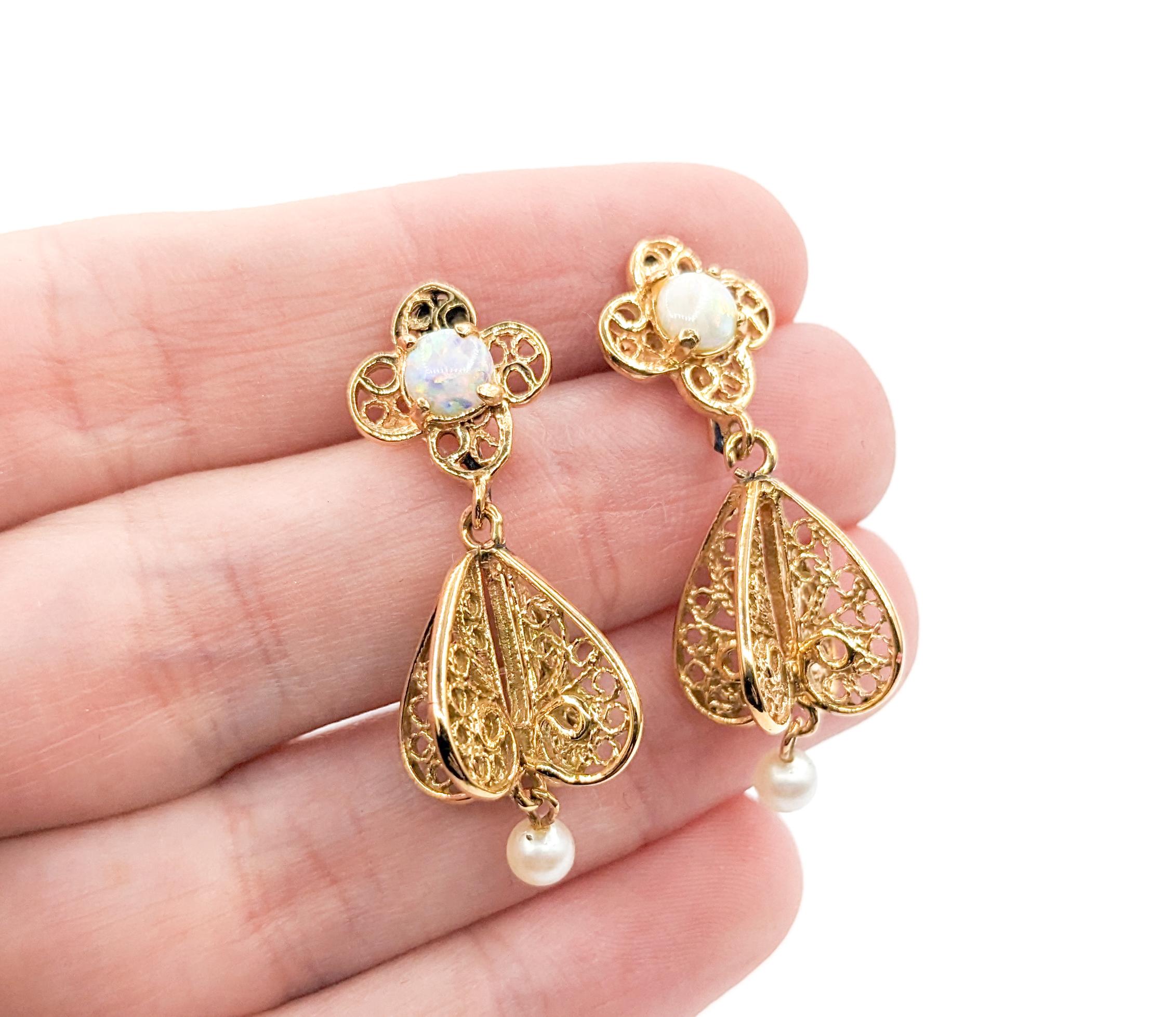 Dangle Vintage 4mm Akoya Pearls & 5mm Australian Opals Earrings In Yellow Gold For Sale 3