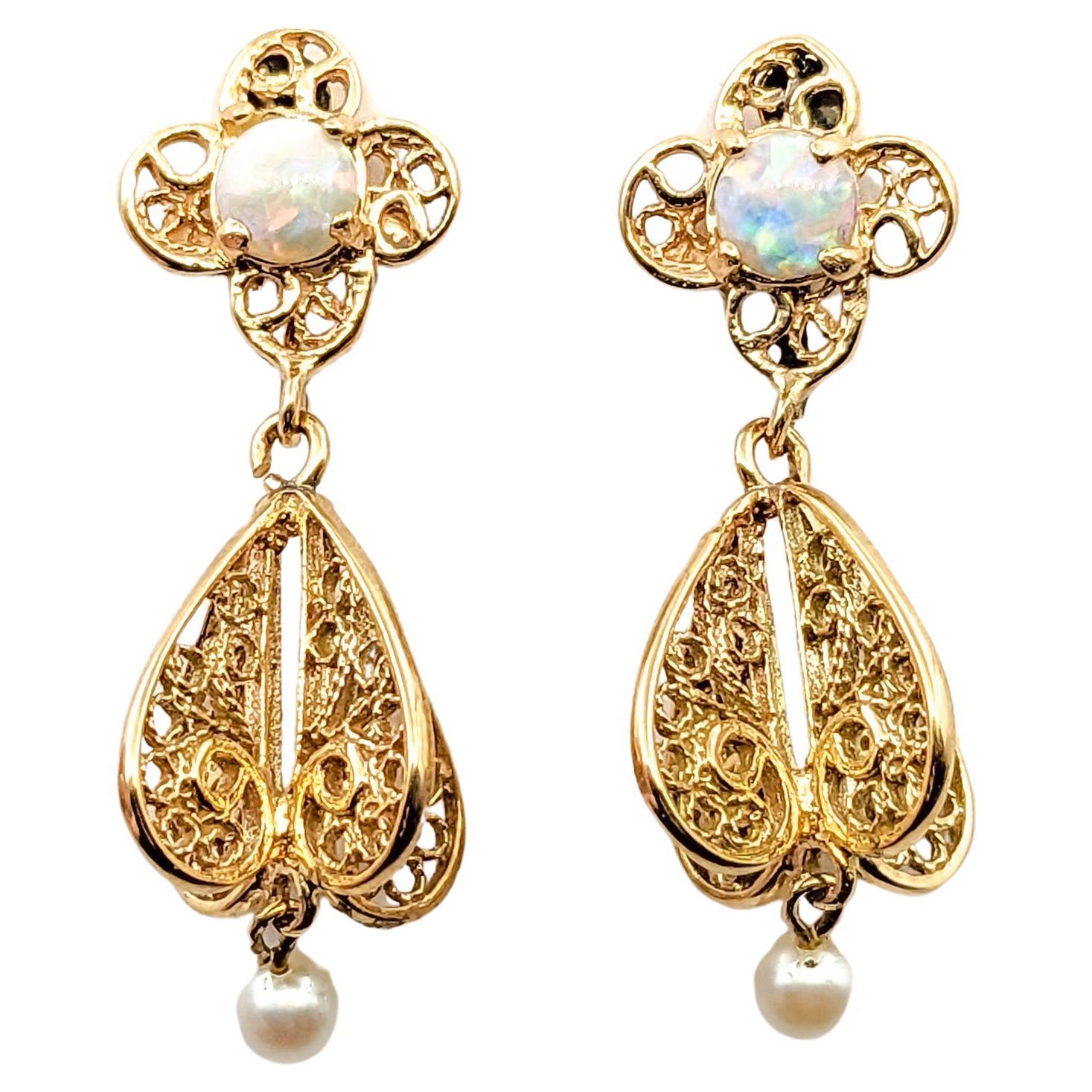 Dangle Vintage 4mm Akoya Pearls & 5mm Australian Opals Earrings In Yellow Gold For Sale