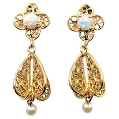 Dangle Vintage 4mm Akoya Pearls & 5mm Australian Opals Earrings In Yellow Gold