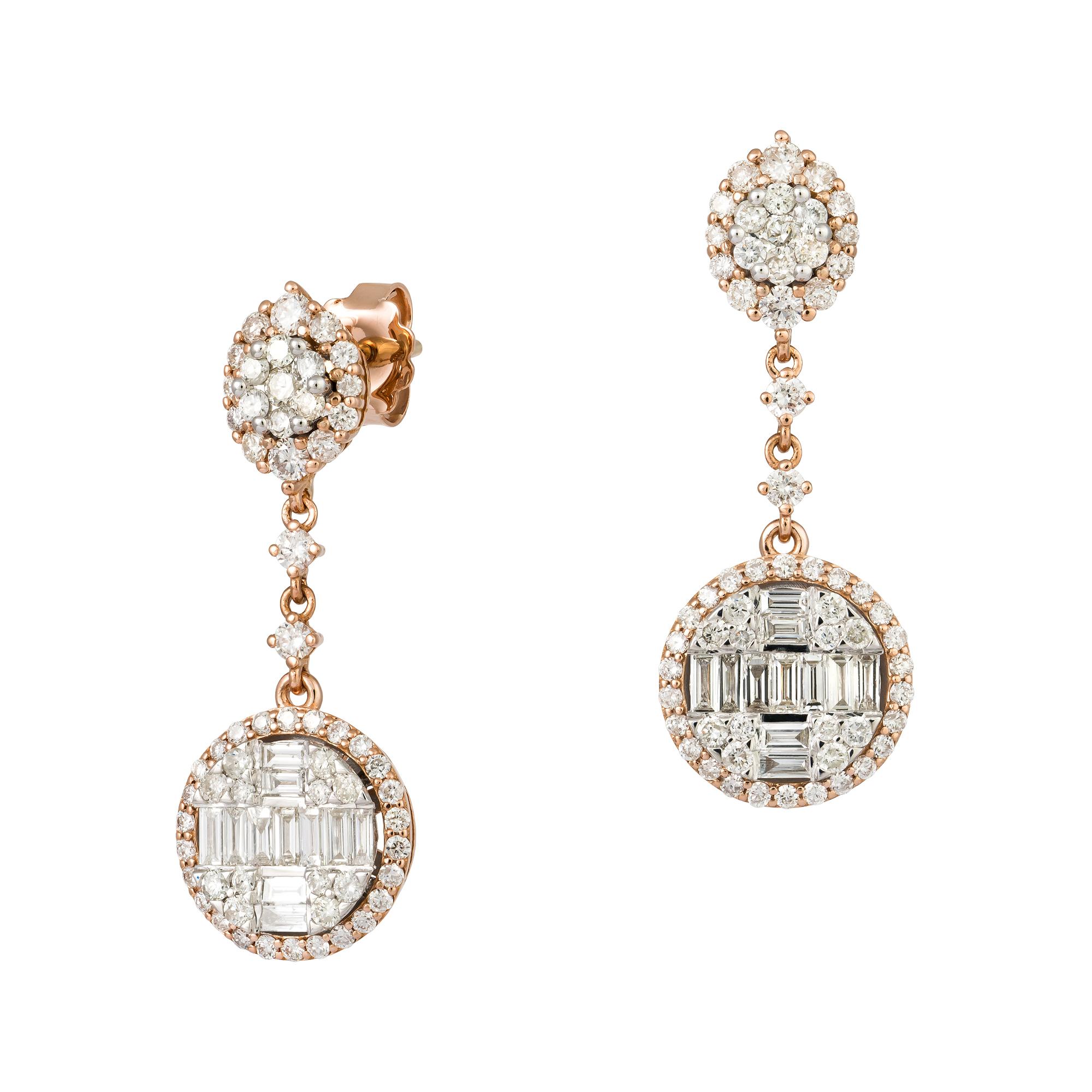 EARRING 18K White/Pink Gold Diamond 1.63 Cts/118 Pcs Tapered Baguette 0.71 Cts/22 Pcs