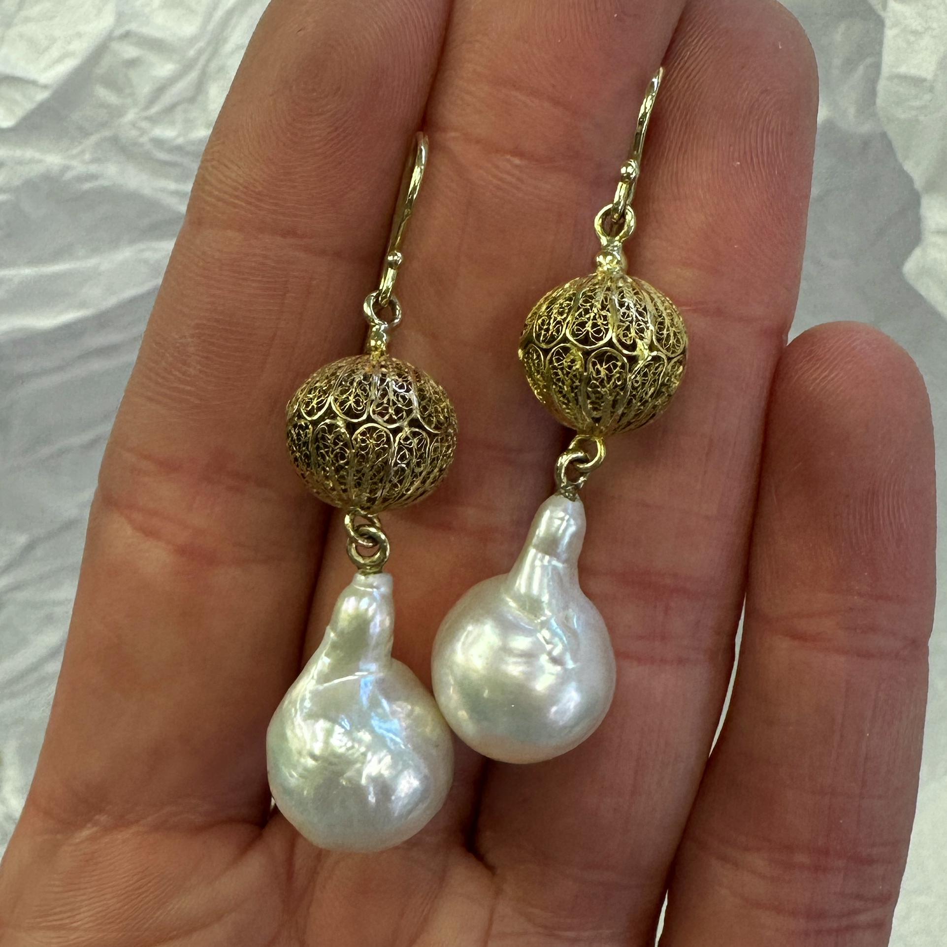 Dangle Wire Hook Earrings with Baroque Freshwater Pearls and 22K Gold Beads For Sale 4