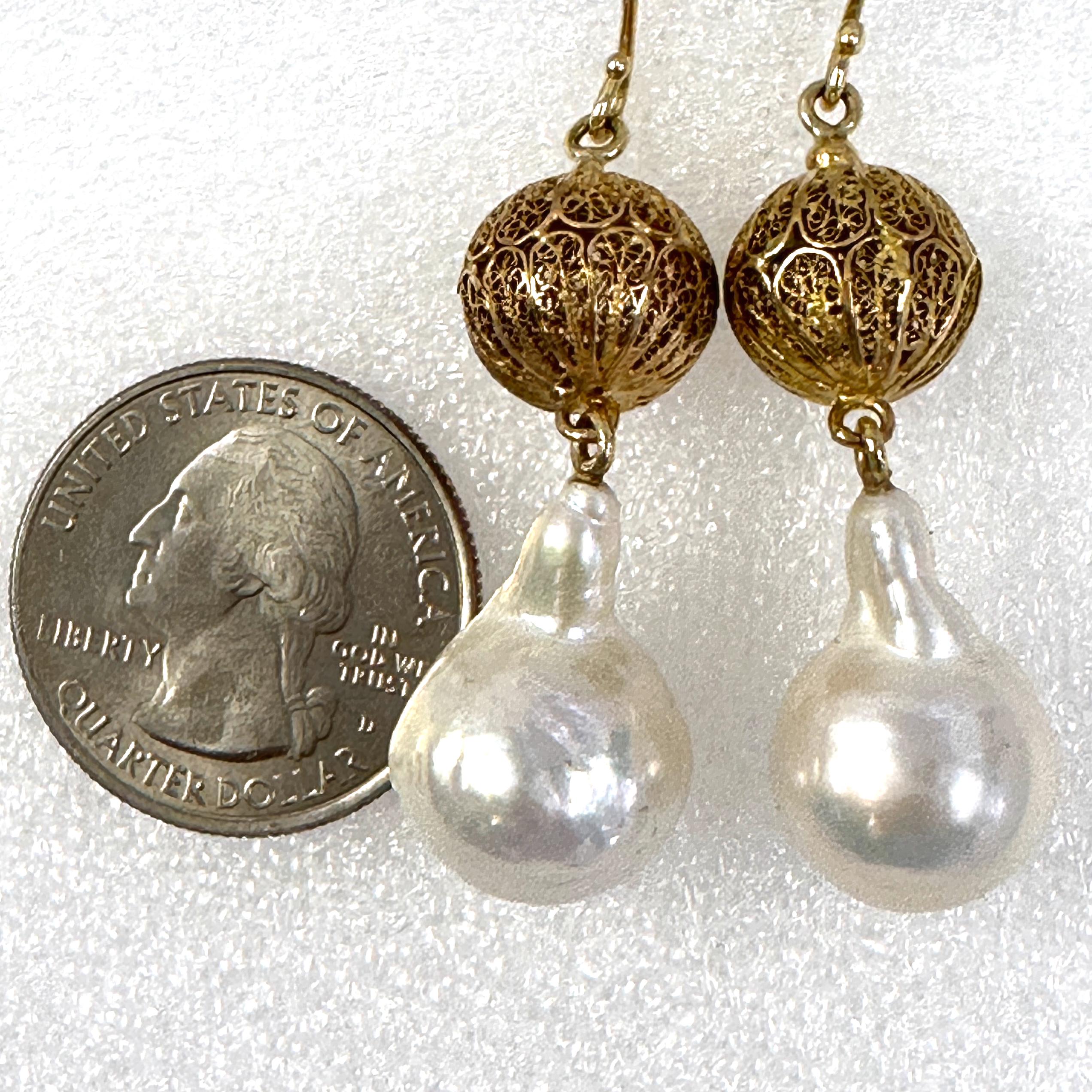 Dangle Wire Hook Earrings with Baroque Freshwater Pearls and 22K Gold Beads For Sale 6
