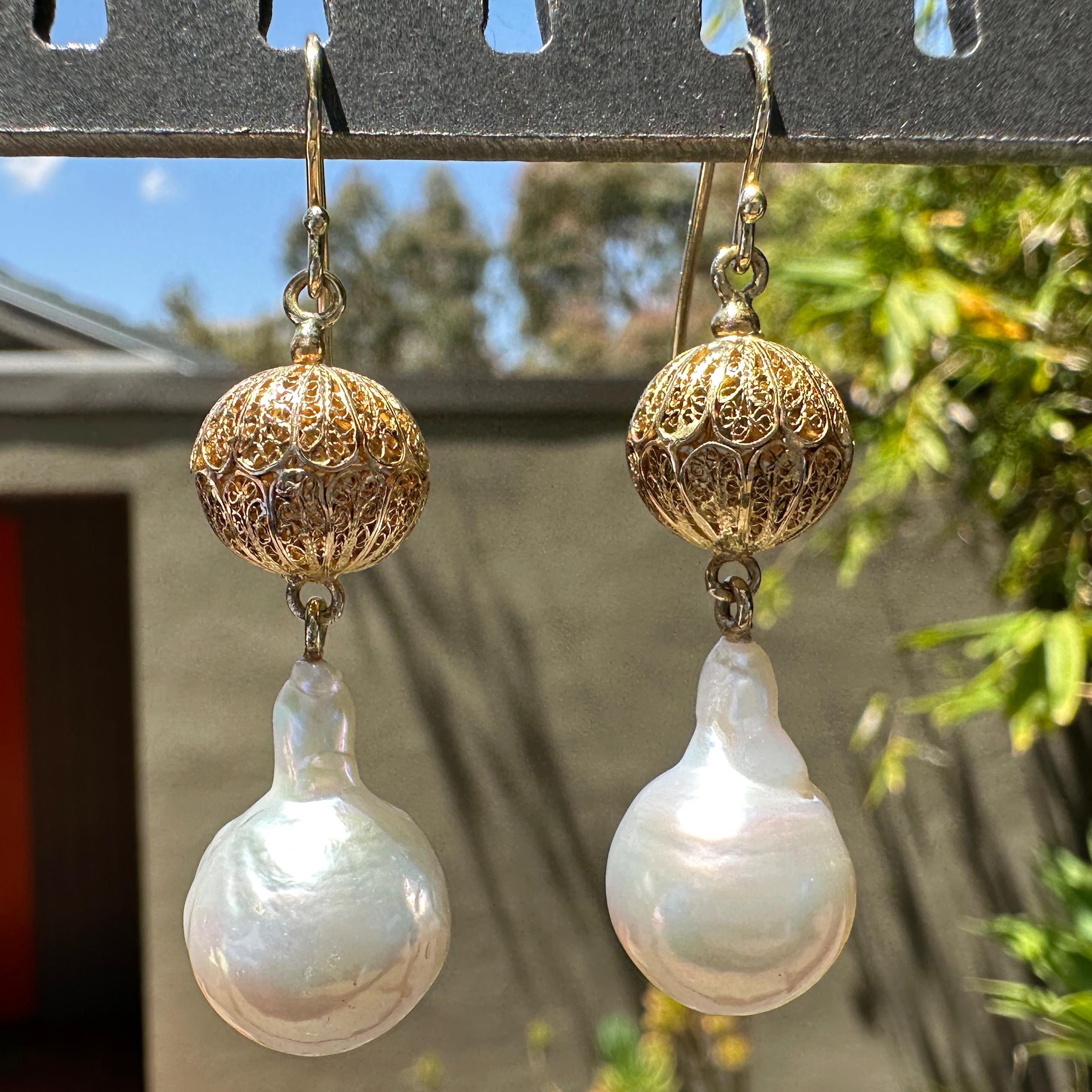 Dangle Wire Hook Earrings with Baroque Freshwater Pearls and 22K Gold Beads For Sale 1