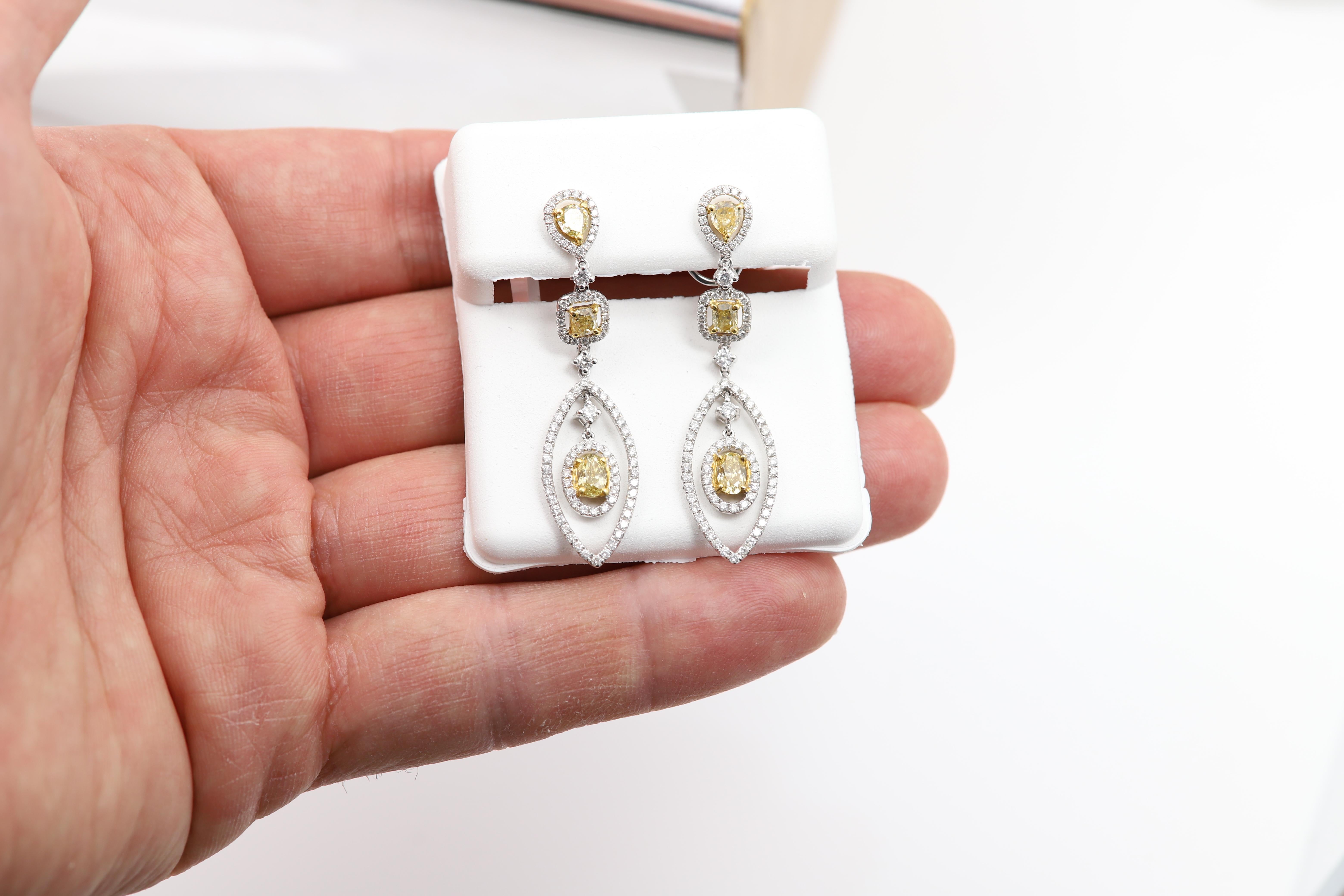 Dangle Yellow Diamond Earrings 18 Karat White Gold Chandelier Earrings For Sale 1