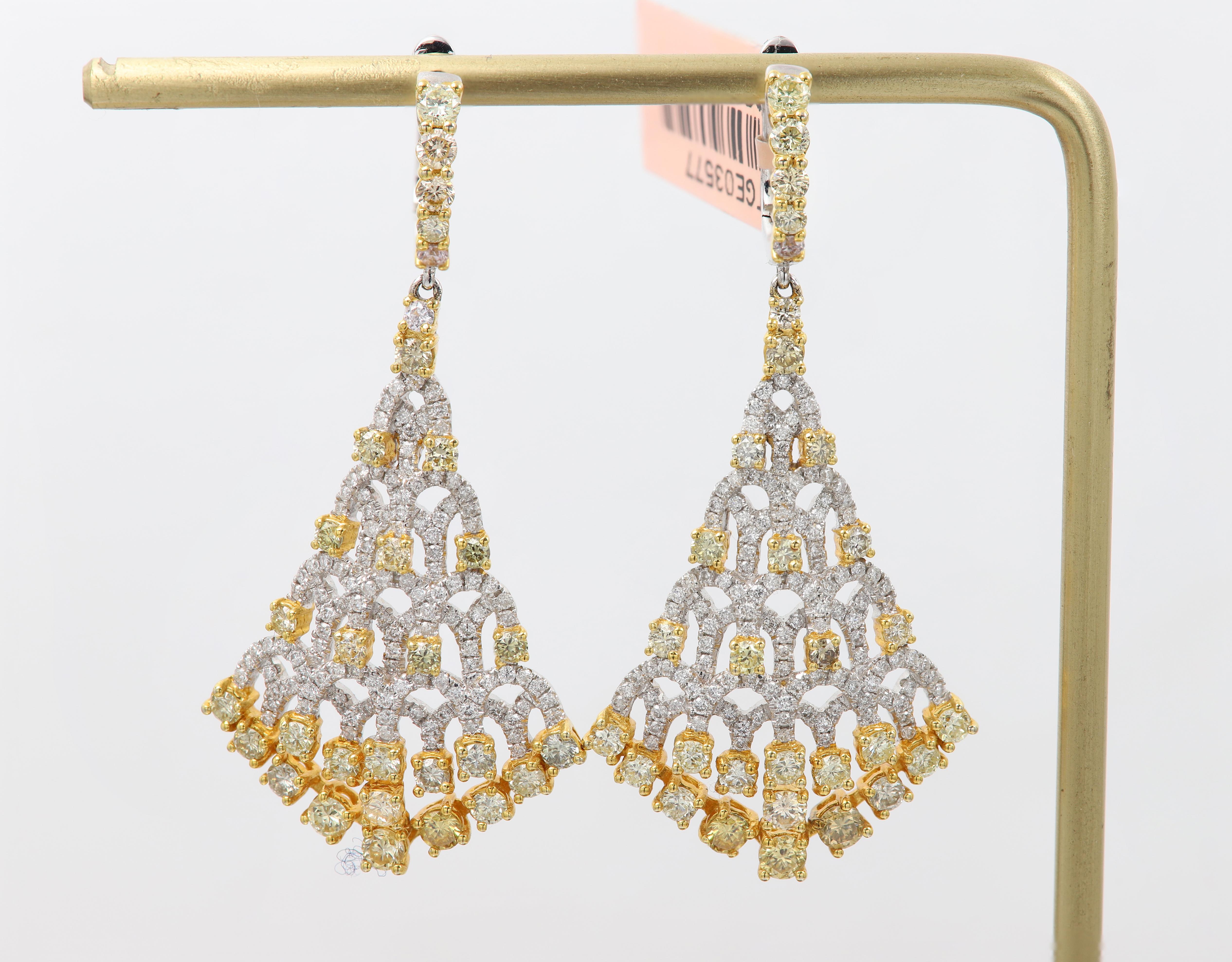 Dangle Yellow Diamond Earrings 18 Karat White and Yellow Gold Chandelier Earring For Sale 3