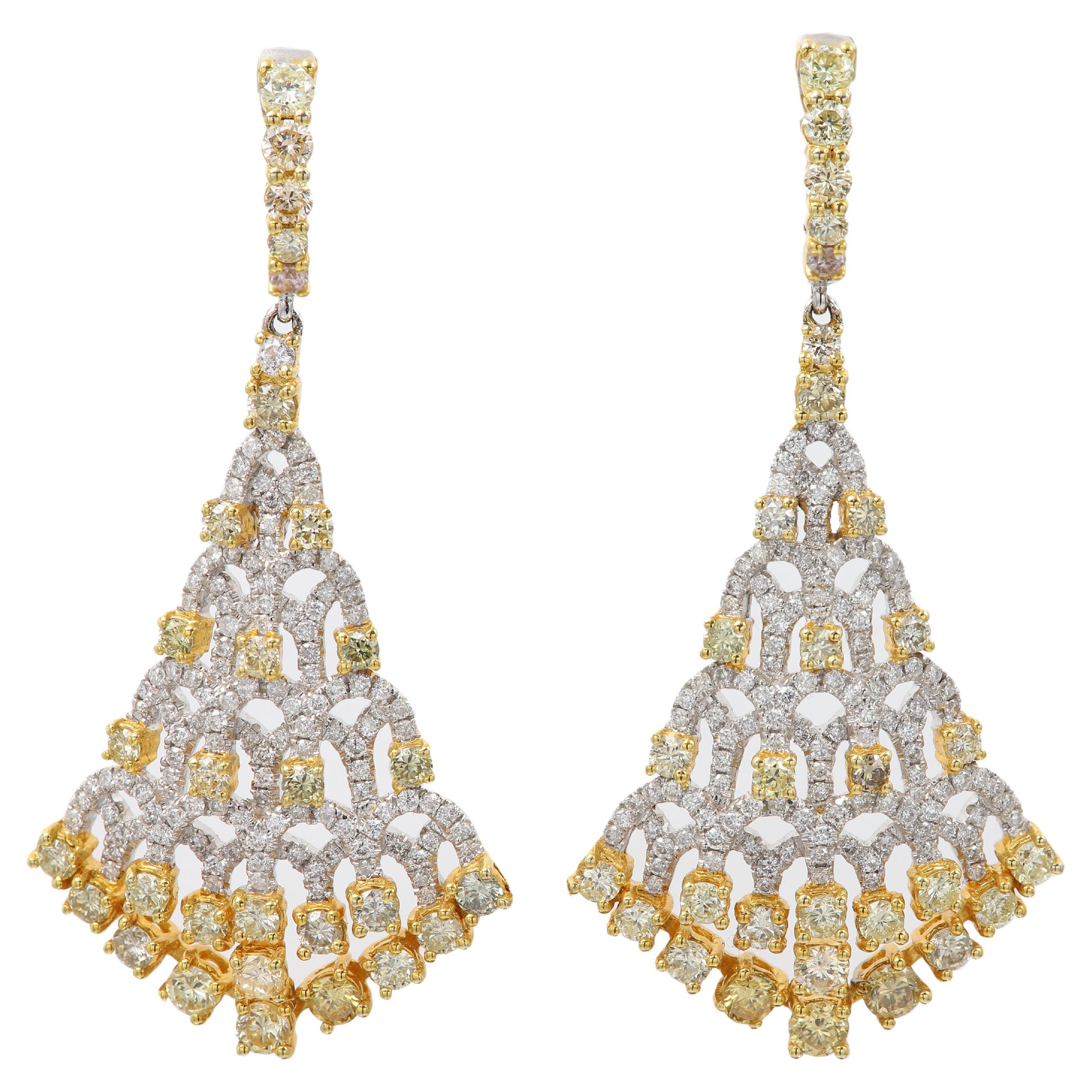 Dangle Yellow Diamond Earrings 18 Karat White and Yellow Gold Chandelier Earring For Sale