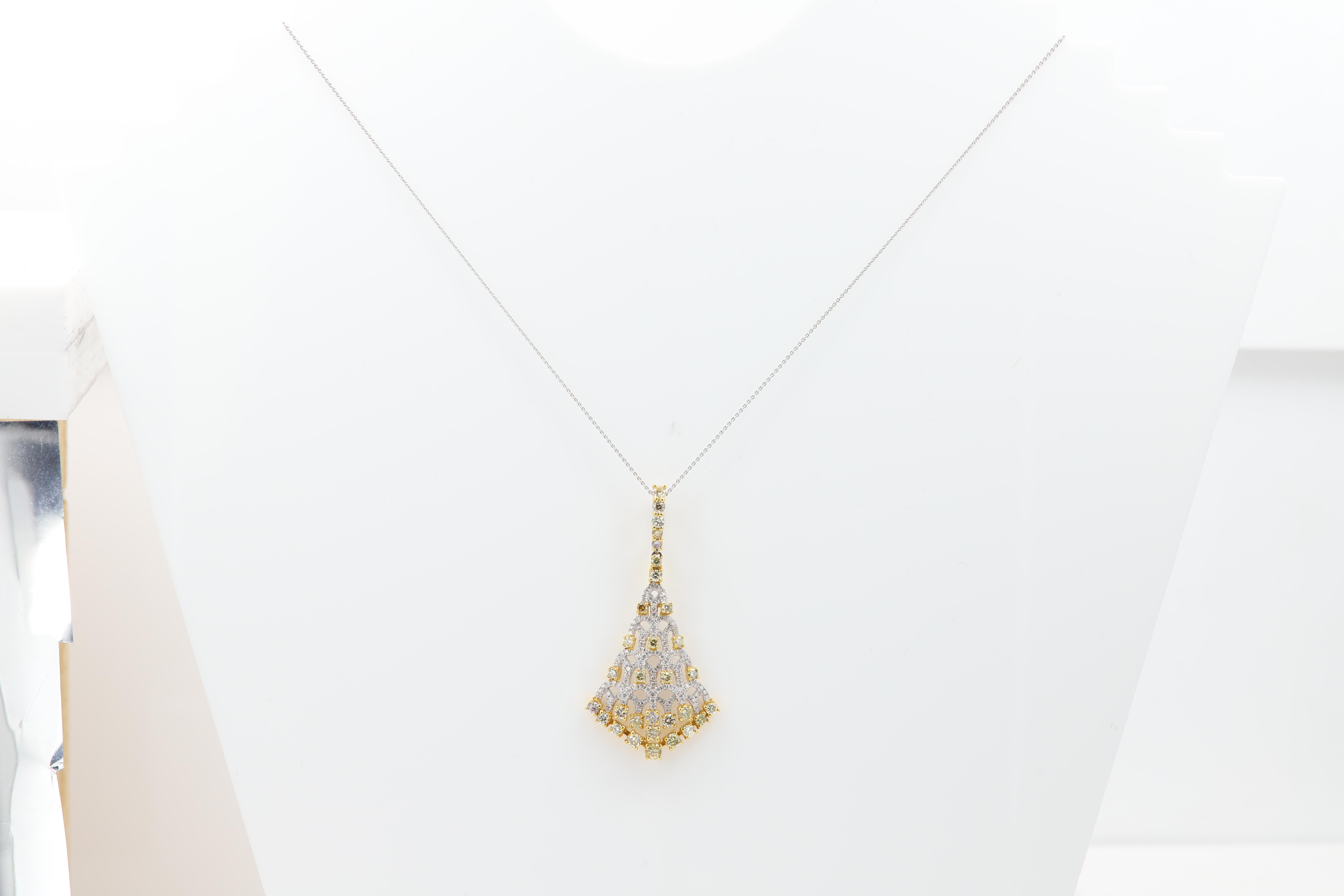 Dangle Yellow Diamond Pendant Necklace 18 Karat White and Yellow Gold  In New Condition For Sale In Brooklyn, NY