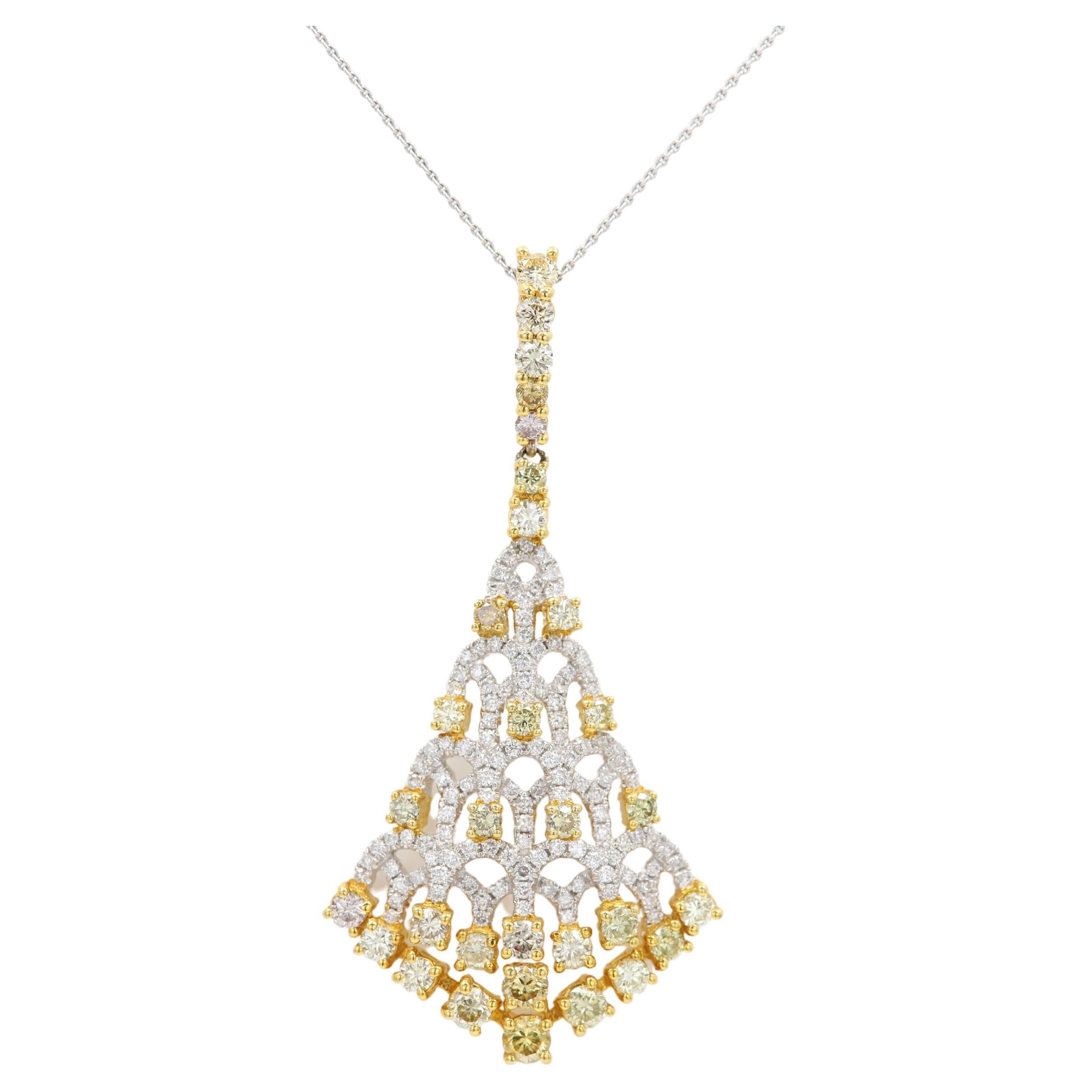 Dangle Yellow Diamond Pendant Necklace 18 Karat White and Yellow Gold  For Sale