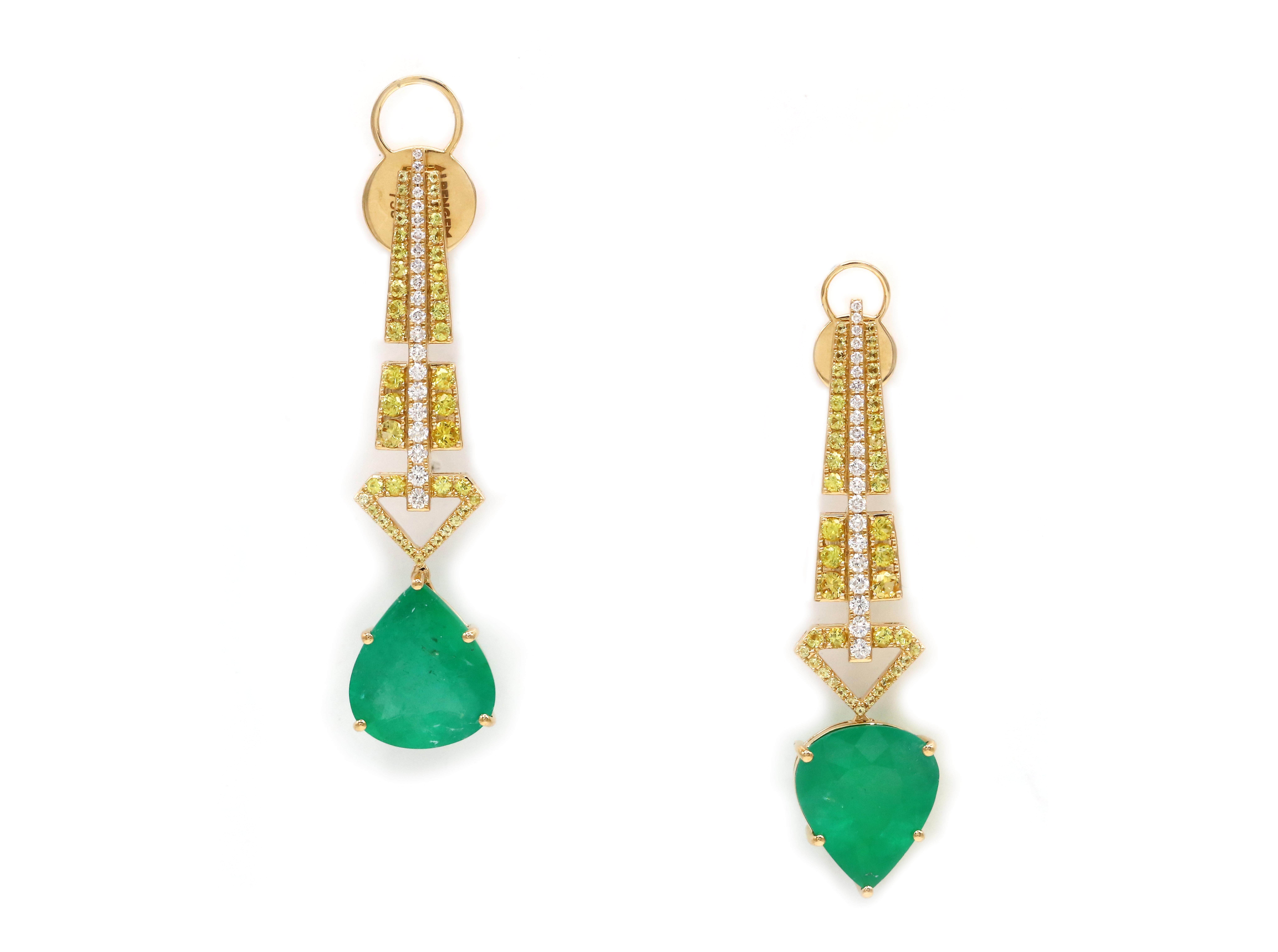 Round Cut Dangle Yellow Sapphire Emerald Diamond 18K Yellow Gold Earrings For Her For Sale