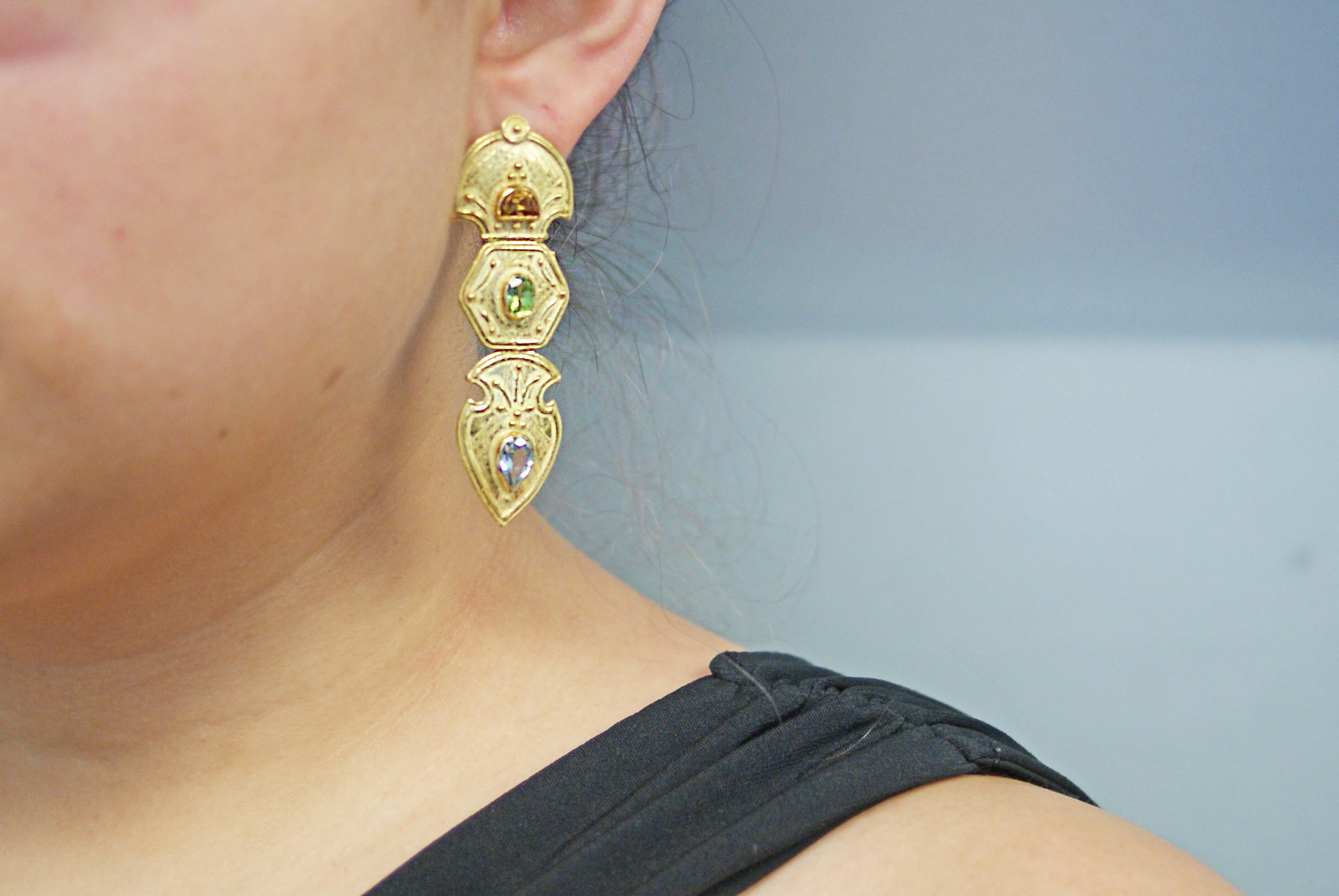 Dangling 18 Karat Gold Aquamarine Peridot Citrine Earrings In Excellent Condition In New York, NY