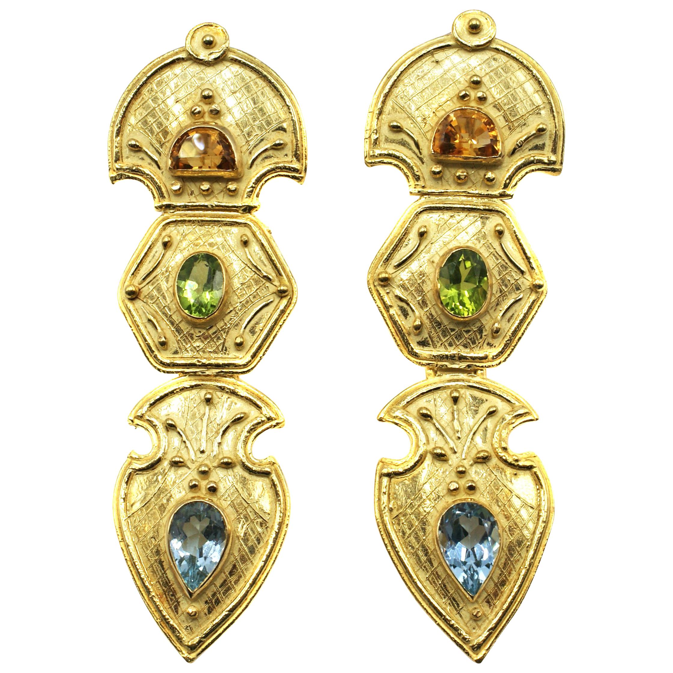 Dangling 18 Karat Gold Aquamarine Peridot Citrine Earrings