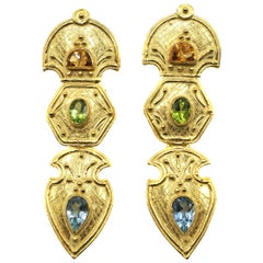 Dangling 18 Karat Gold Aquamarine Peridot Citrine Earrings