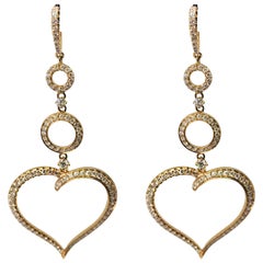 Dangling 18 Karat Yellow Gold 11.35 grams and Diamond Heart Shaped Earrings