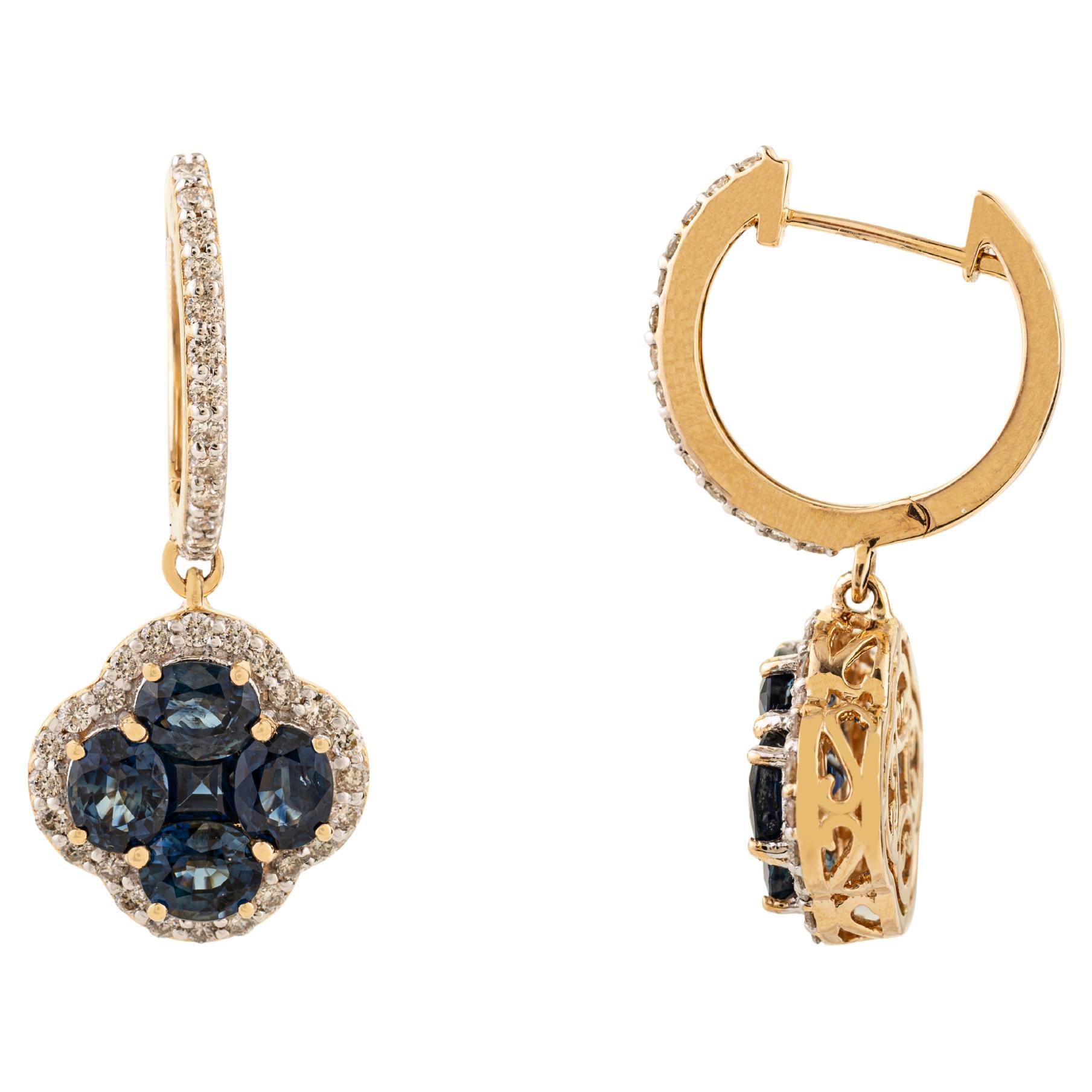 Dangling 4.55 Ct Blue Sapphire 
Diamond Drop Hoop Earrings in 14K Yellow Gold For Sale