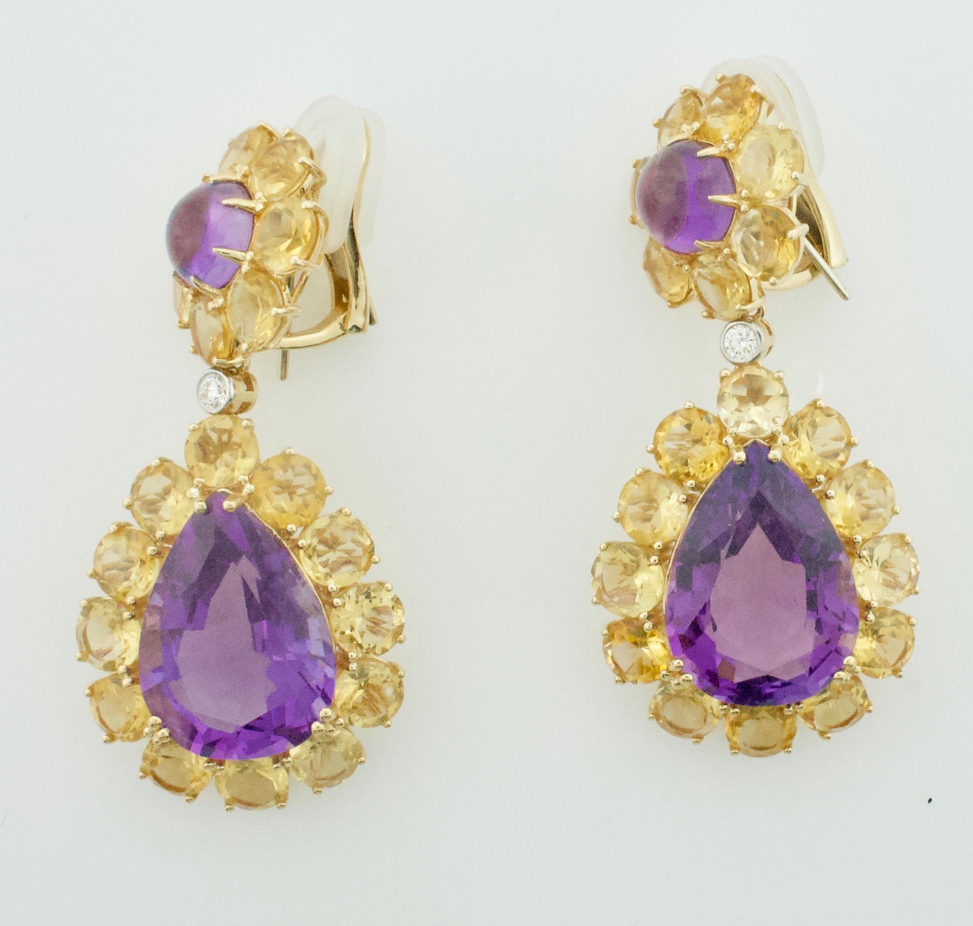 Pear Cut Dangling Amethyst, Citrine and Diamond Show Stopper Large Earrings in 18k For Sale