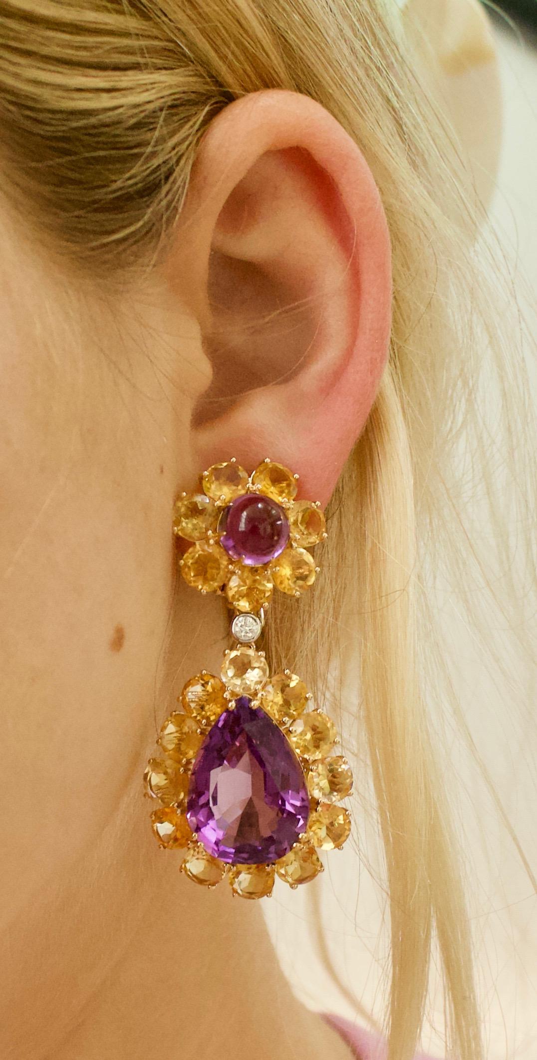 Dangling Amethyst, Citrine and Diamond Show Stopper Large Earrings in 18k For Sale 1