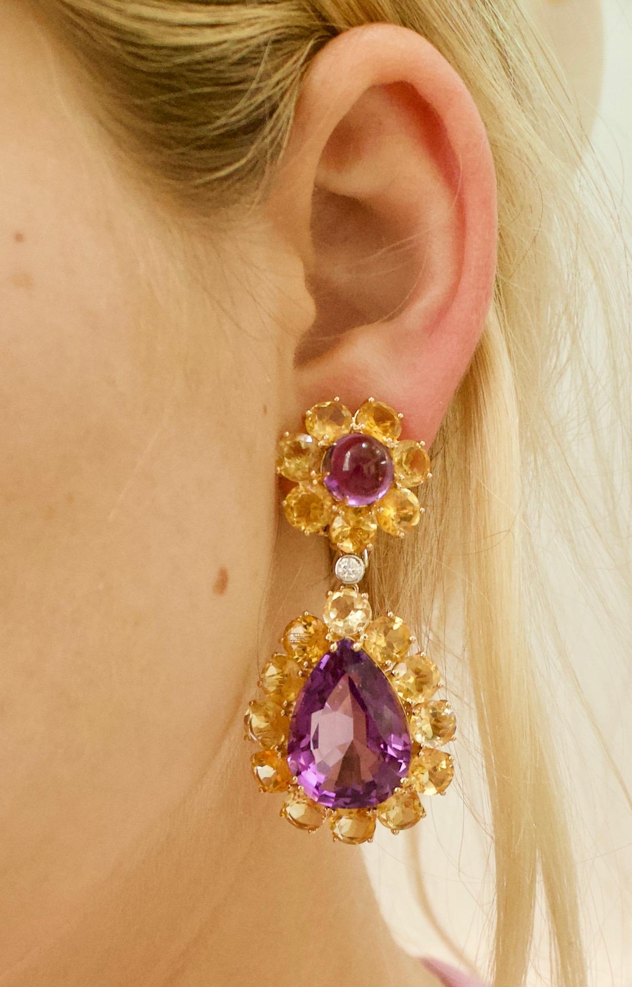 Dangling Amethyst, Citrine and Diamond Show Stopper Large Earrings in 18k For Sale 2