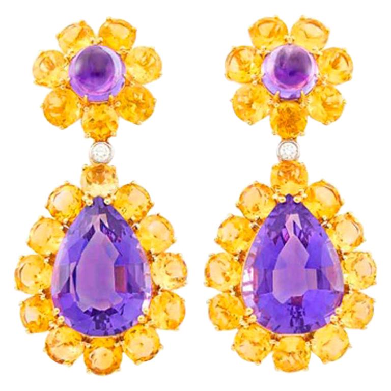 Dangling Amethyst, Citrine and Diamond Show Stopper Large Earrings in 18k For Sale