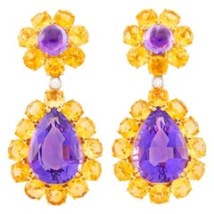 Retro Dangling Amethyst, Citrine and Diamond Show Stopper Large Earrings in 18k