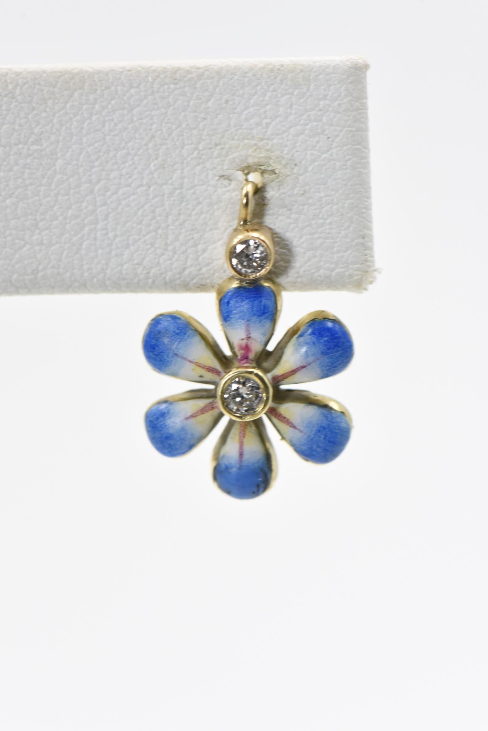 Women's Dangling Blue Daisy Enamel Flower Diamond Gold Earrings by Sandra J Sensations